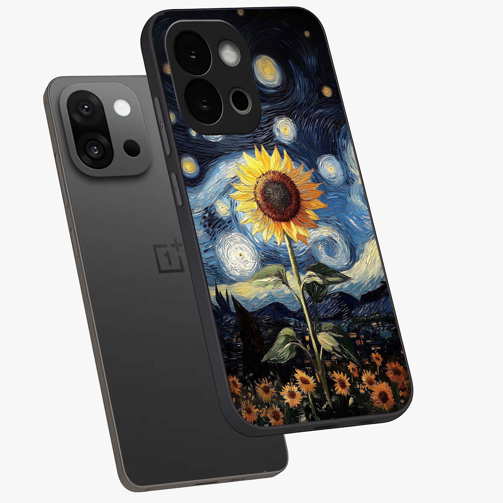 Van Gogh Sunflower Glass Case for 1+13S angled mockup showcasing glossy finish and bold yellow tones