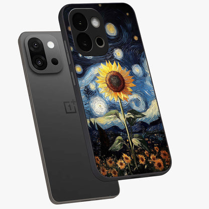 Van Gogh Sunflower Glass Case for 1+13S angled mockup showcasing glossy finish and bold yellow tones