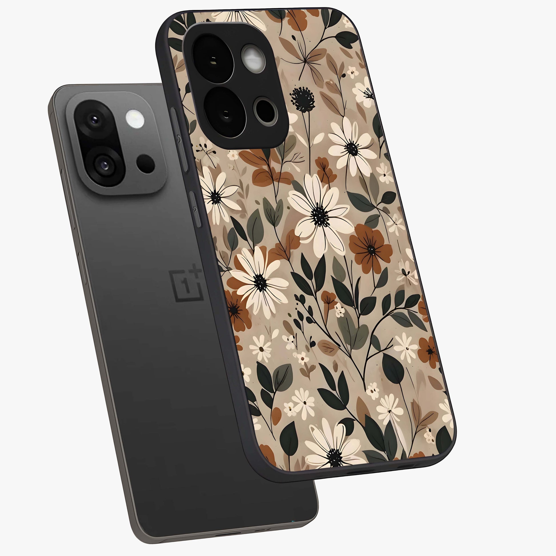 Vector Flowers Glass Case for 1+13S angled mockup showcasing glossy glass finish and crisp graphic detailing