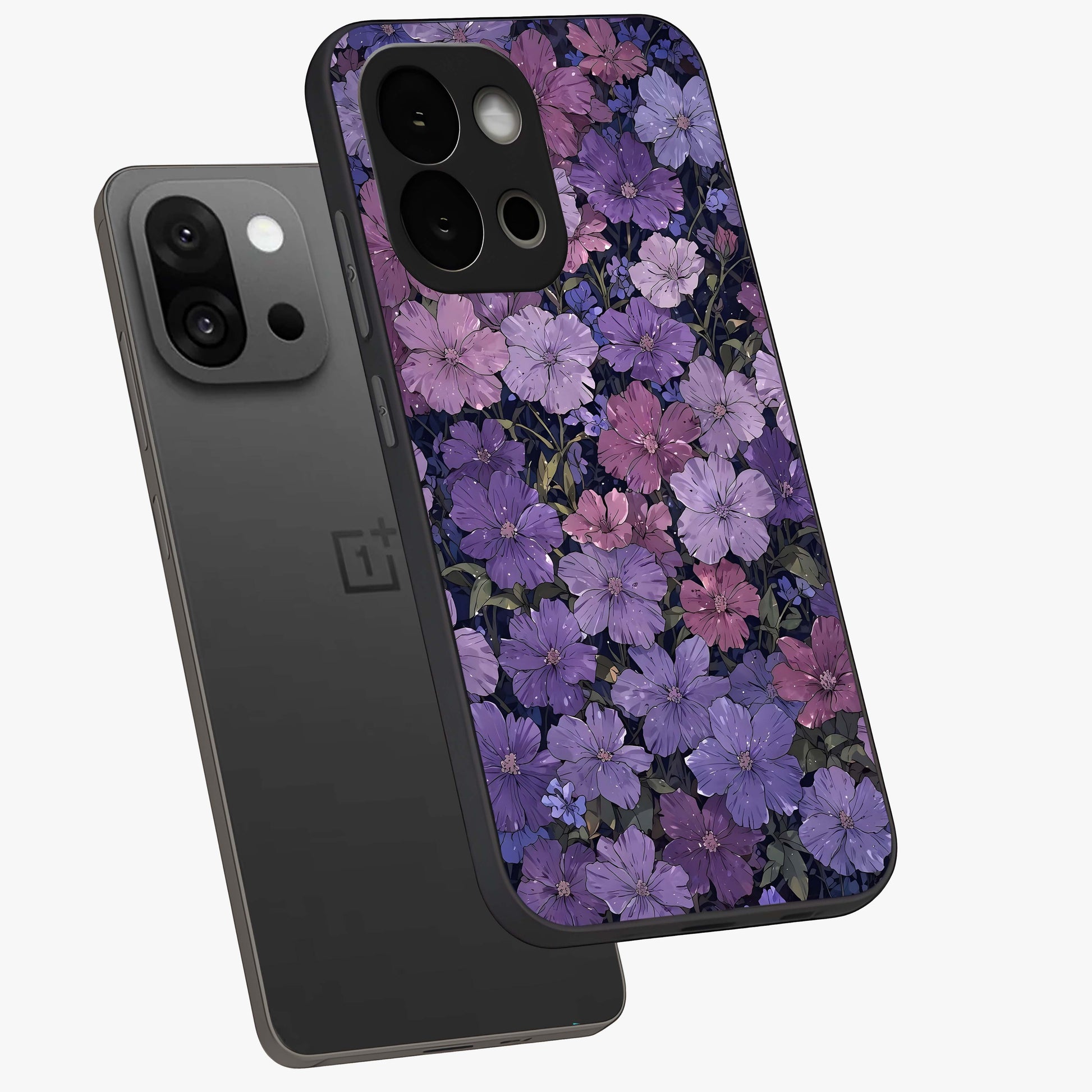 Velvet Bloom Tapestry Glass Case for 1+13S angled mockup showcasing glossy finish and deep velvet tones