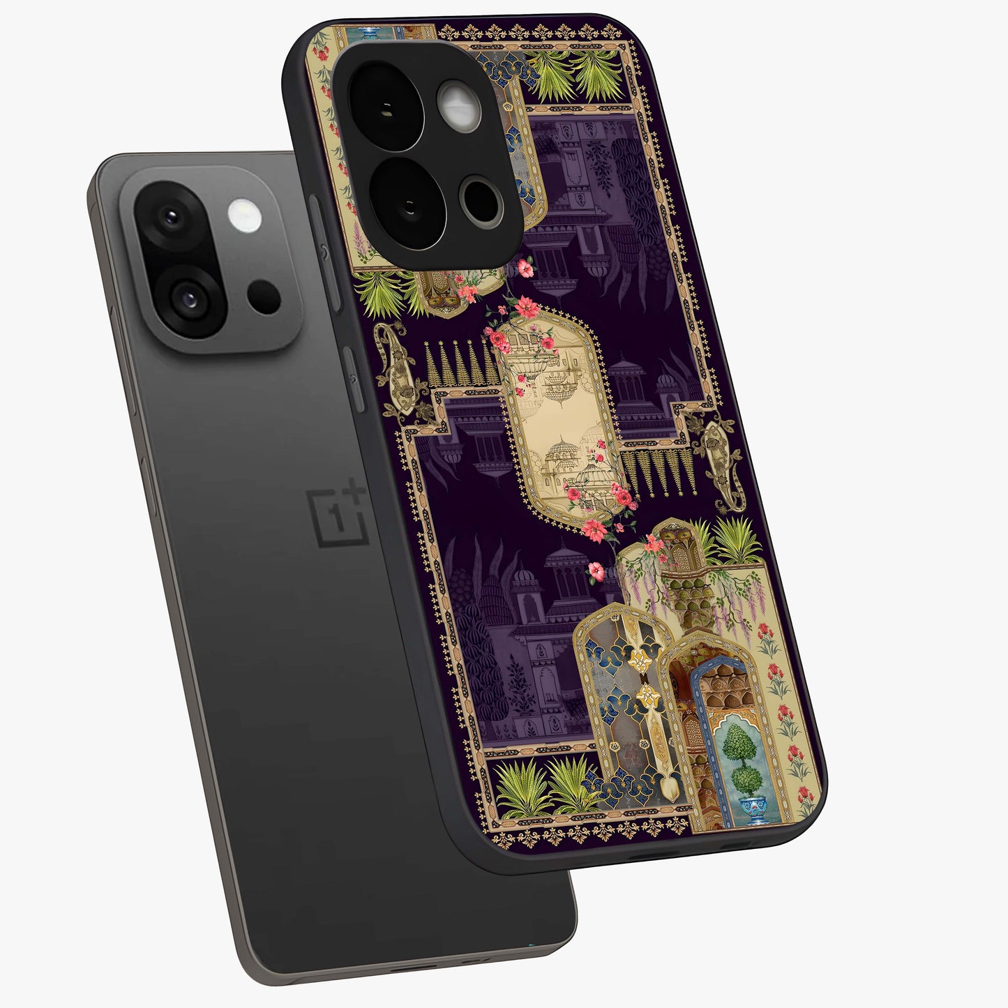 Velvet Mughal Art Glass Case for 1+13S angled mockup showcasing glossy finish and rich heritage tones