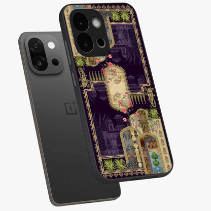 Velvet Mughal Art Glass Case for 1+13S angled mockup showcasing glossy finish and rich heritage tones