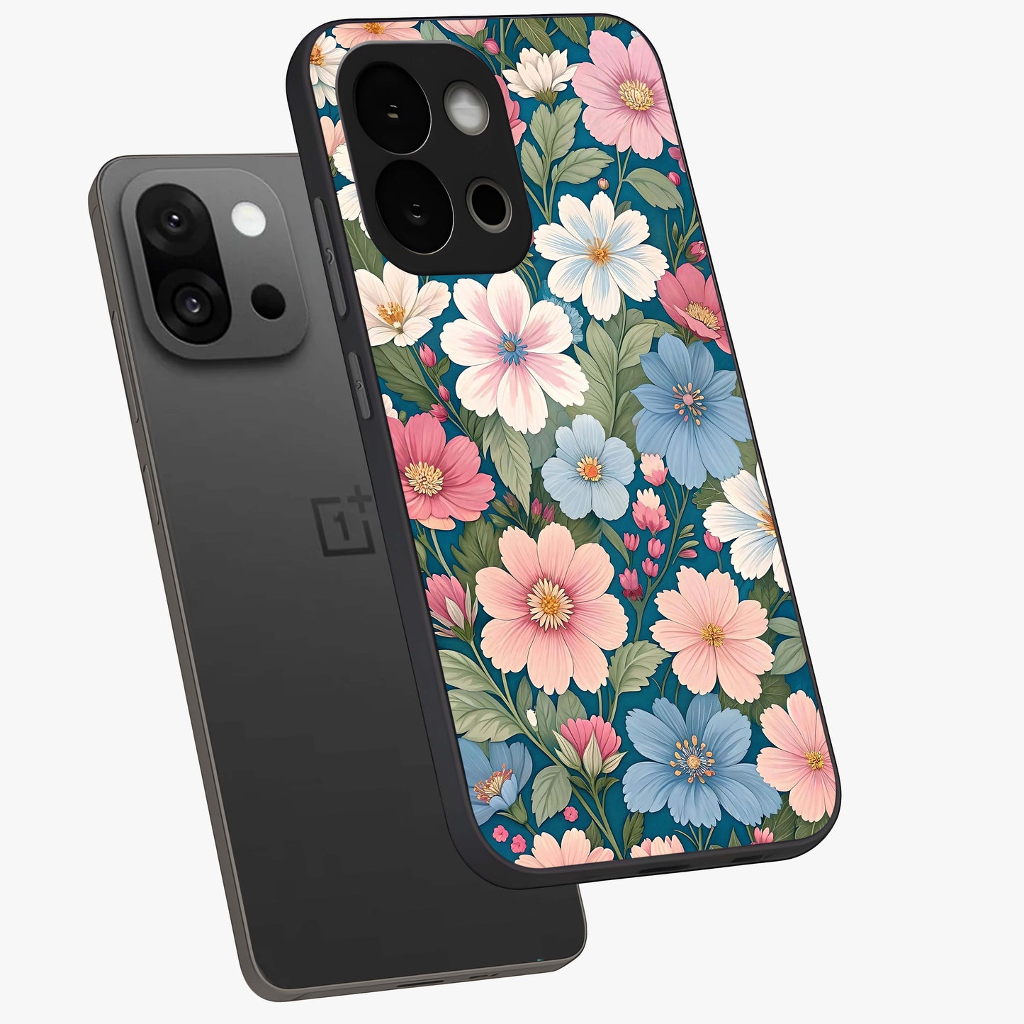 Vintage Floral Charm Glass Case for 1+13S angled mockup showcasing glossy finish and warm pastel tones