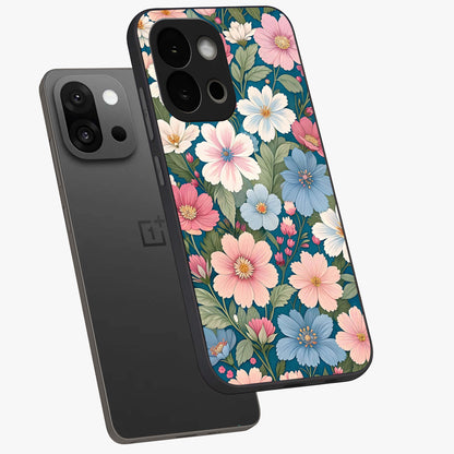 Vintage Floral Charm Glass Case for 1+13S angled mockup showcasing glossy finish and warm pastel tones