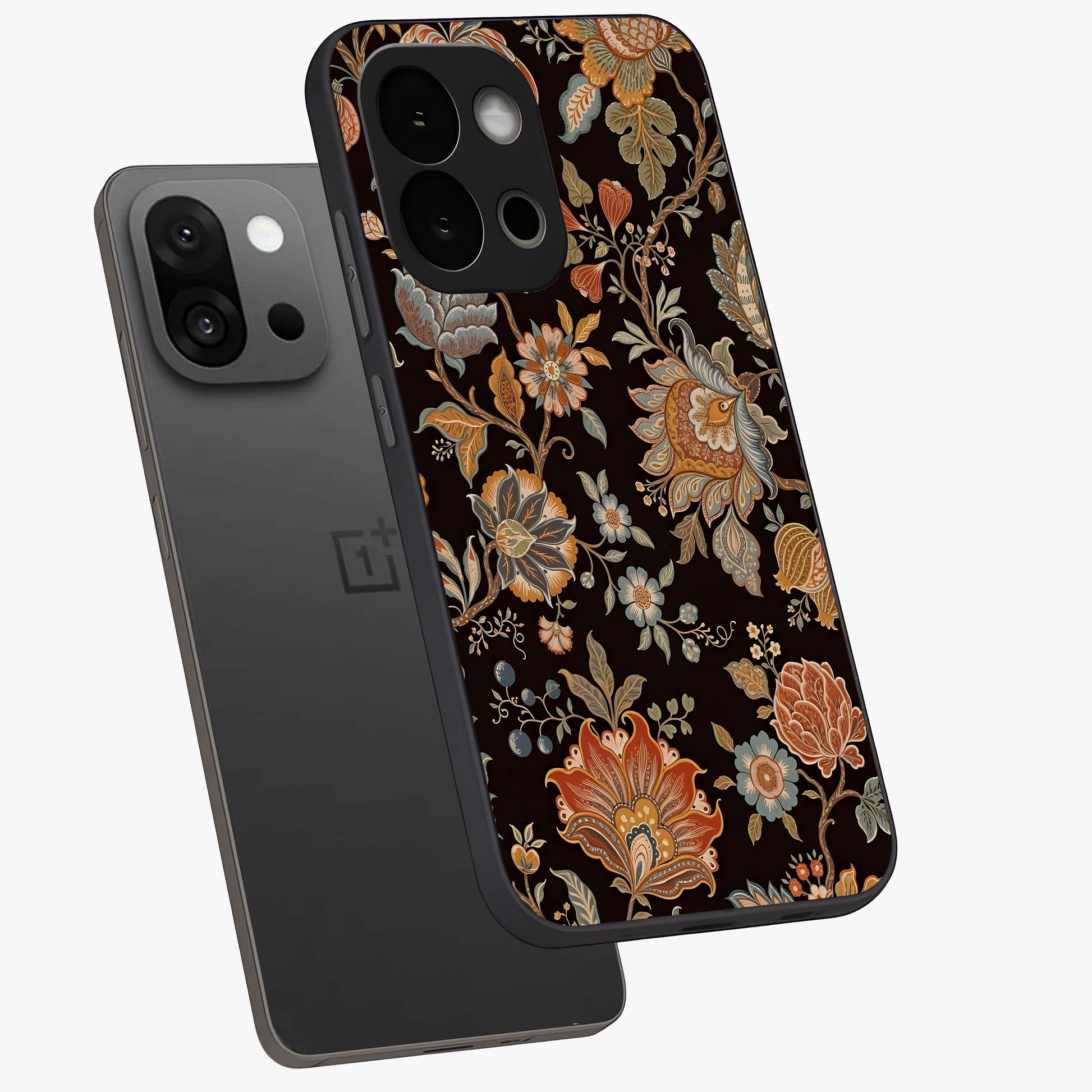 Vintage Floral Dream Glass Case for 1+13S angled mockup showcasing glossy finish and muted romantic tones