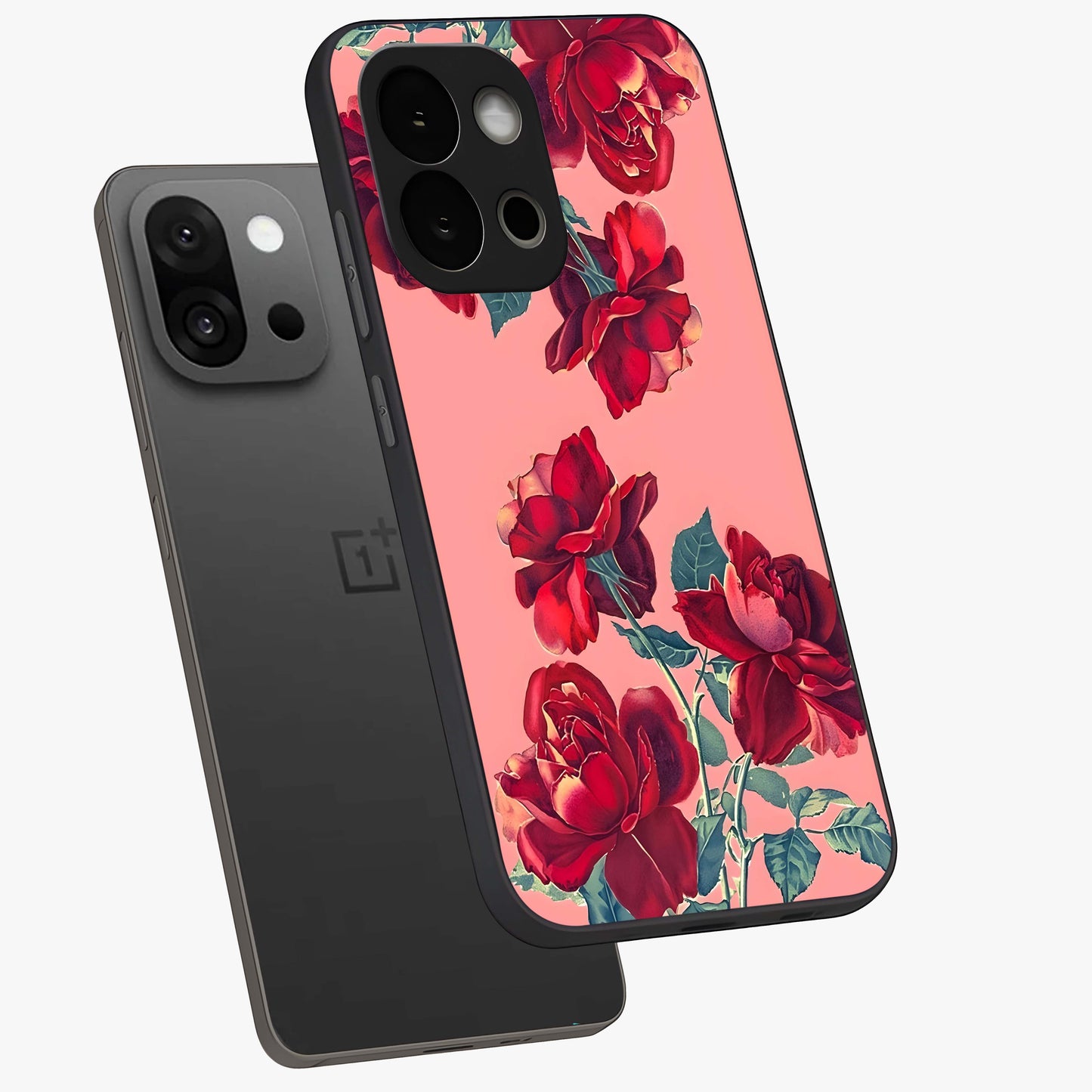 Vintage Rose Beauty Glass Case for 1+13S angled mockup showcasing glossy finish and romantic detailing