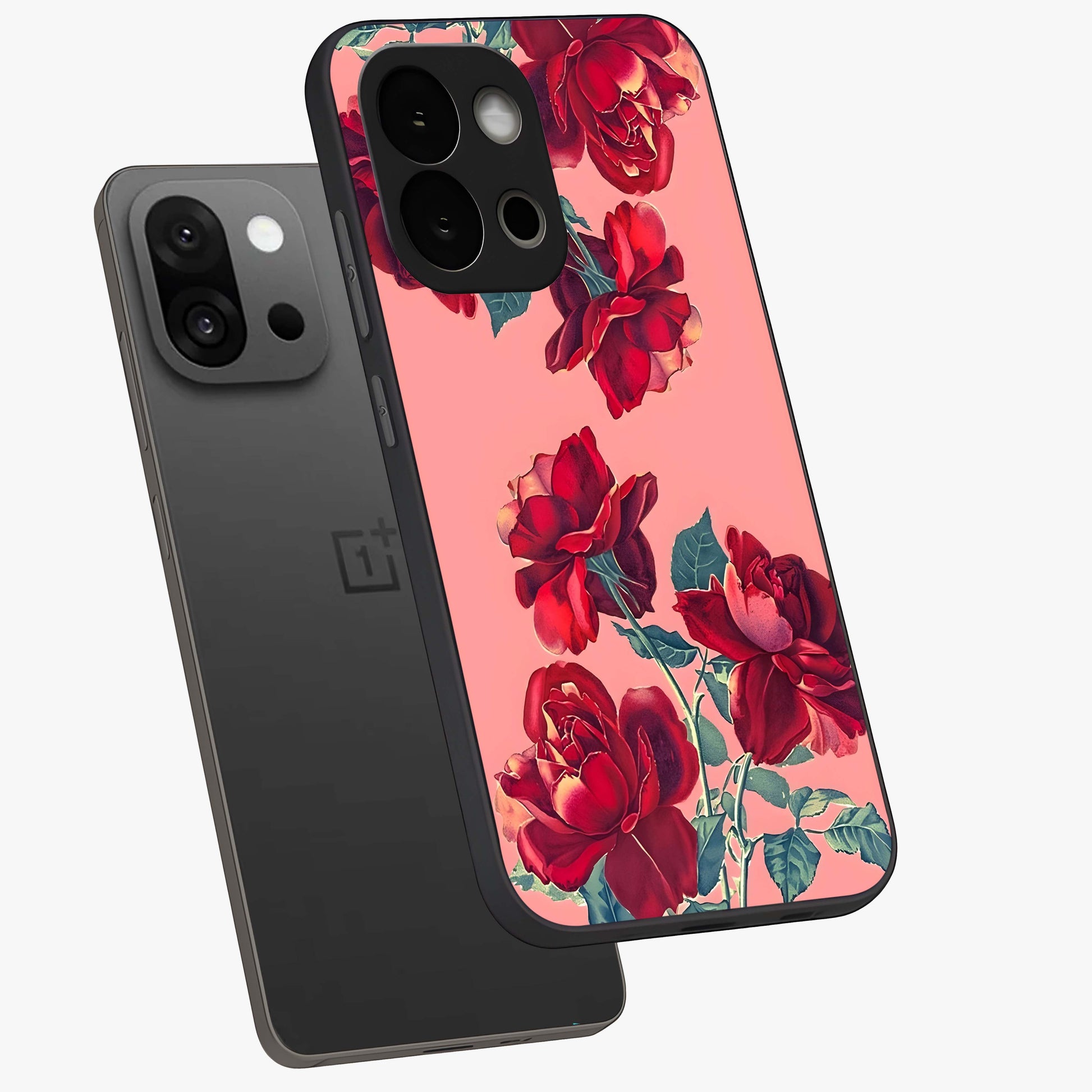 Vintage Rose Beauty Glass Case for 1+13S angled mockup showcasing glossy finish and romantic detailing