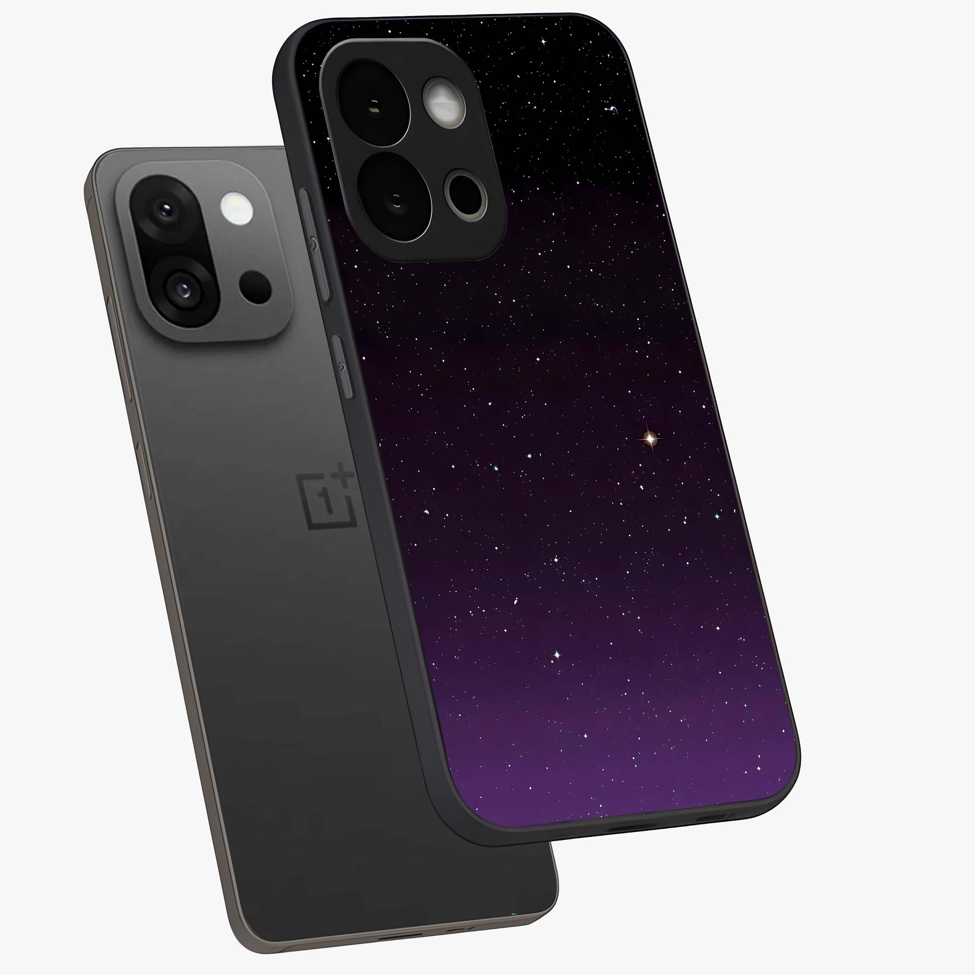 Violet and Black Shade Glass Case for 1+13S angled mockup showcasing glossy finish and dramatic contrast tones