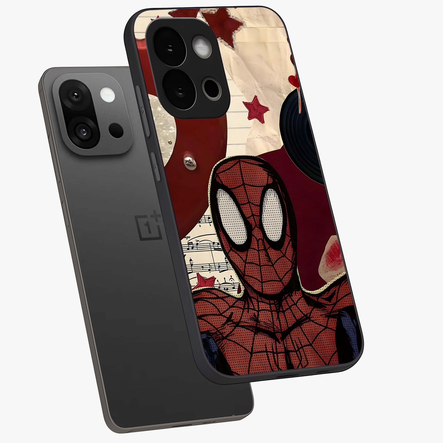 Web Warrior Vibes Glass Case for 1+13S angled mockup showcasing glossy finish and bold comic style detailing