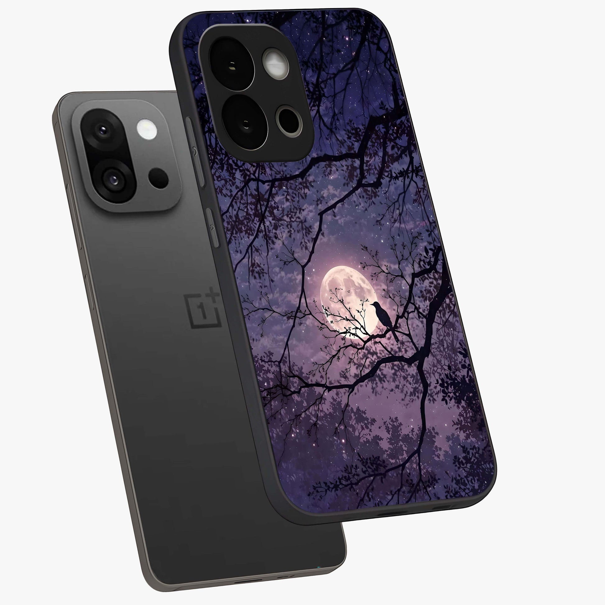 Whispering Moon Silence Glass Case for 1+13S angled mockup showcasing glossy finish and subtle celestial detailing