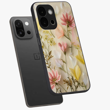 Whispering Petal Harmony Glass Case for 1+13S angled mockup showcasing glossy finish and delicate bloom detailing