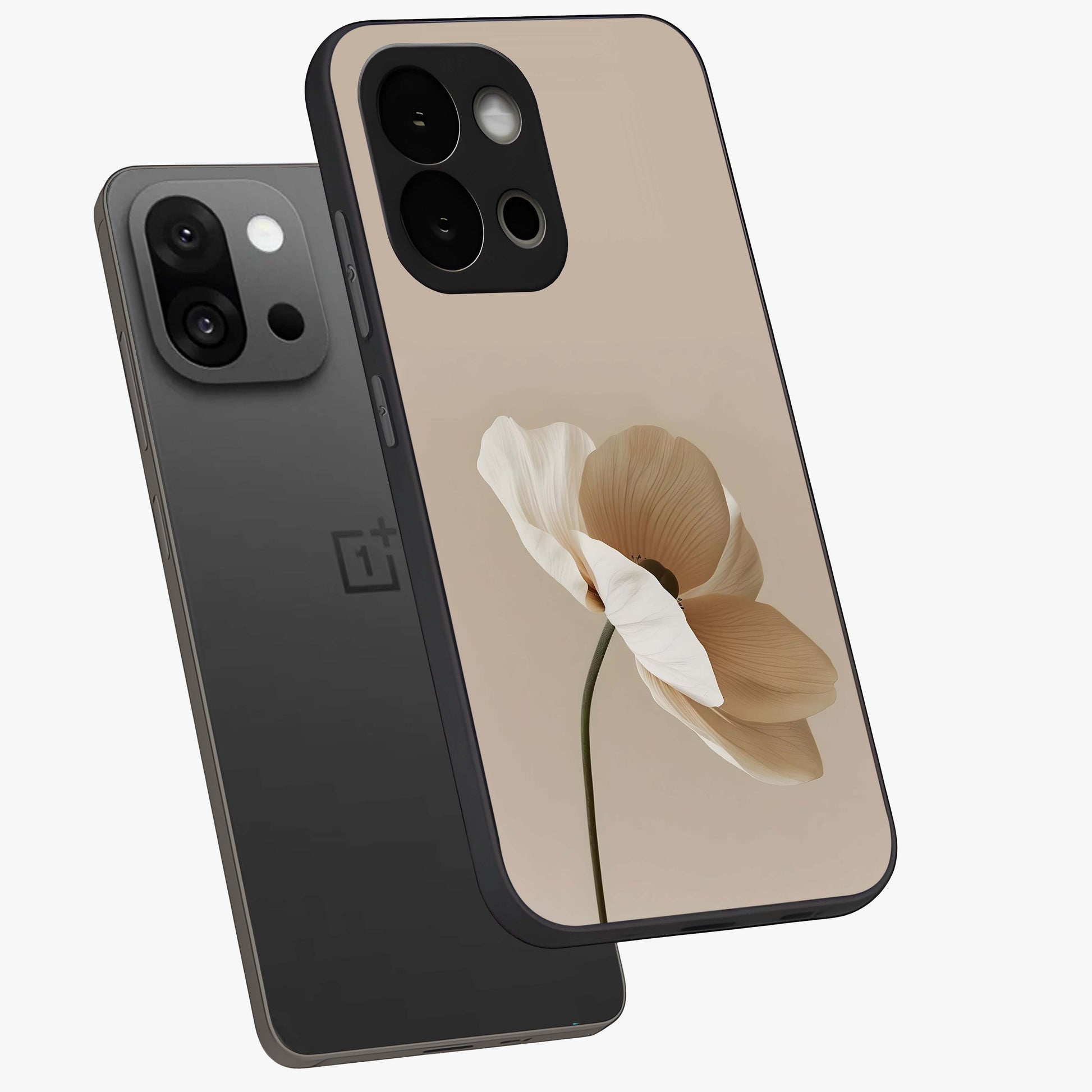 Whispering Petals Glass Case for 1+13S angled mockup showcasing glossy finish and muted romantic tones