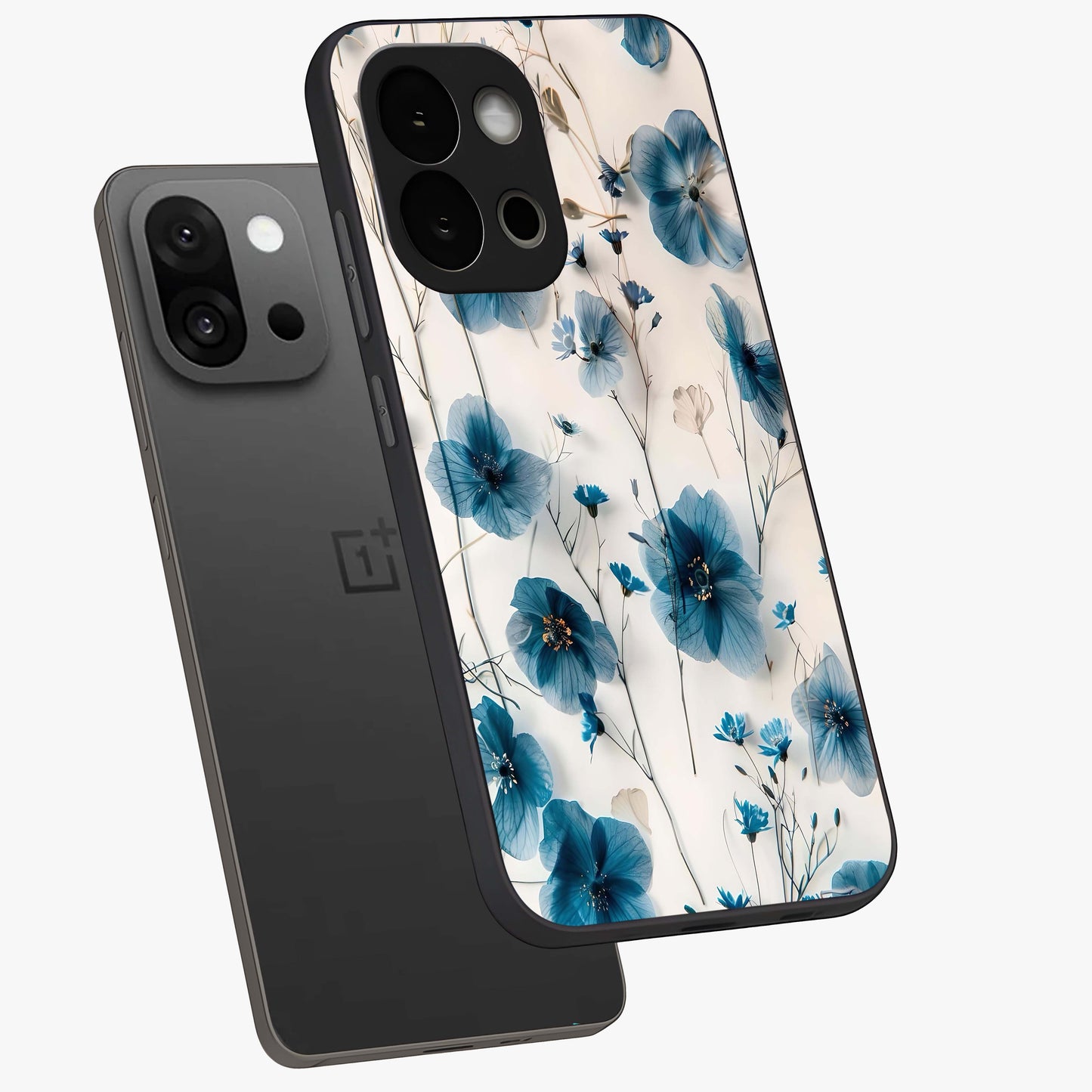 Whispers of Blue Bloom Glass Case for 1+13S angled mockup showcasing glossy finish and cool sapphire tones