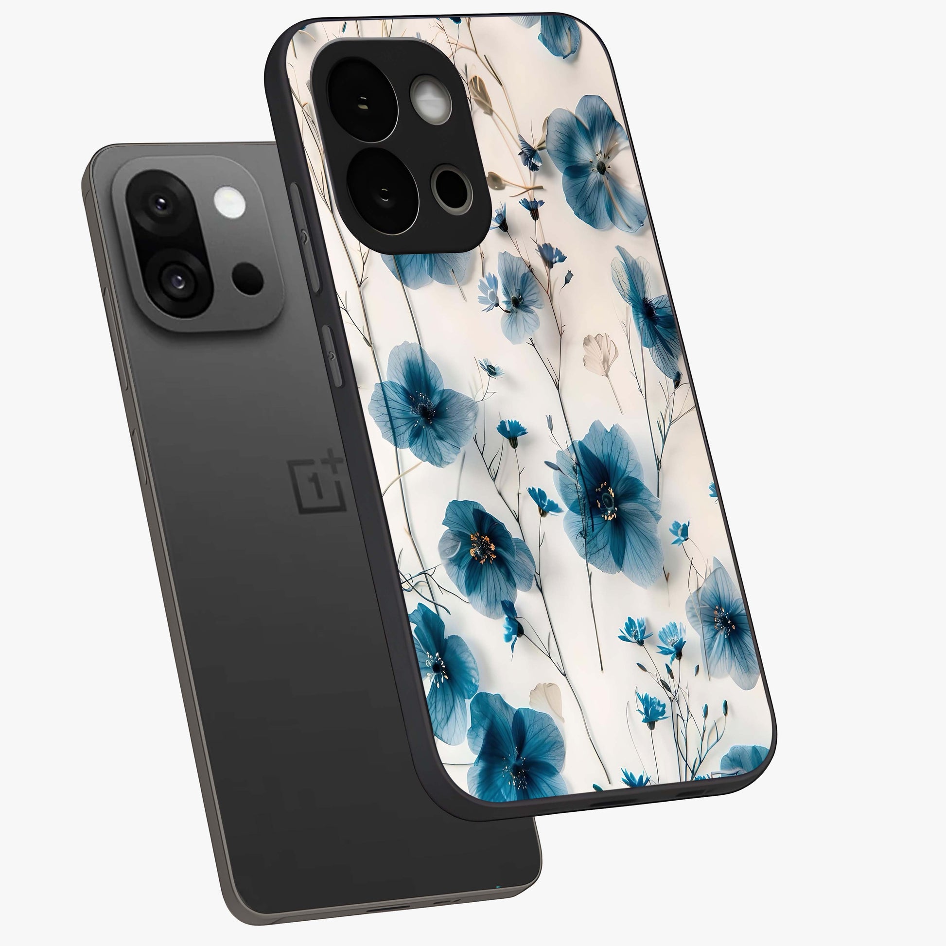 Whispers of Blue Bloom Glass Case for 1+13S angled mockup showcasing glossy finish and cool sapphire tones