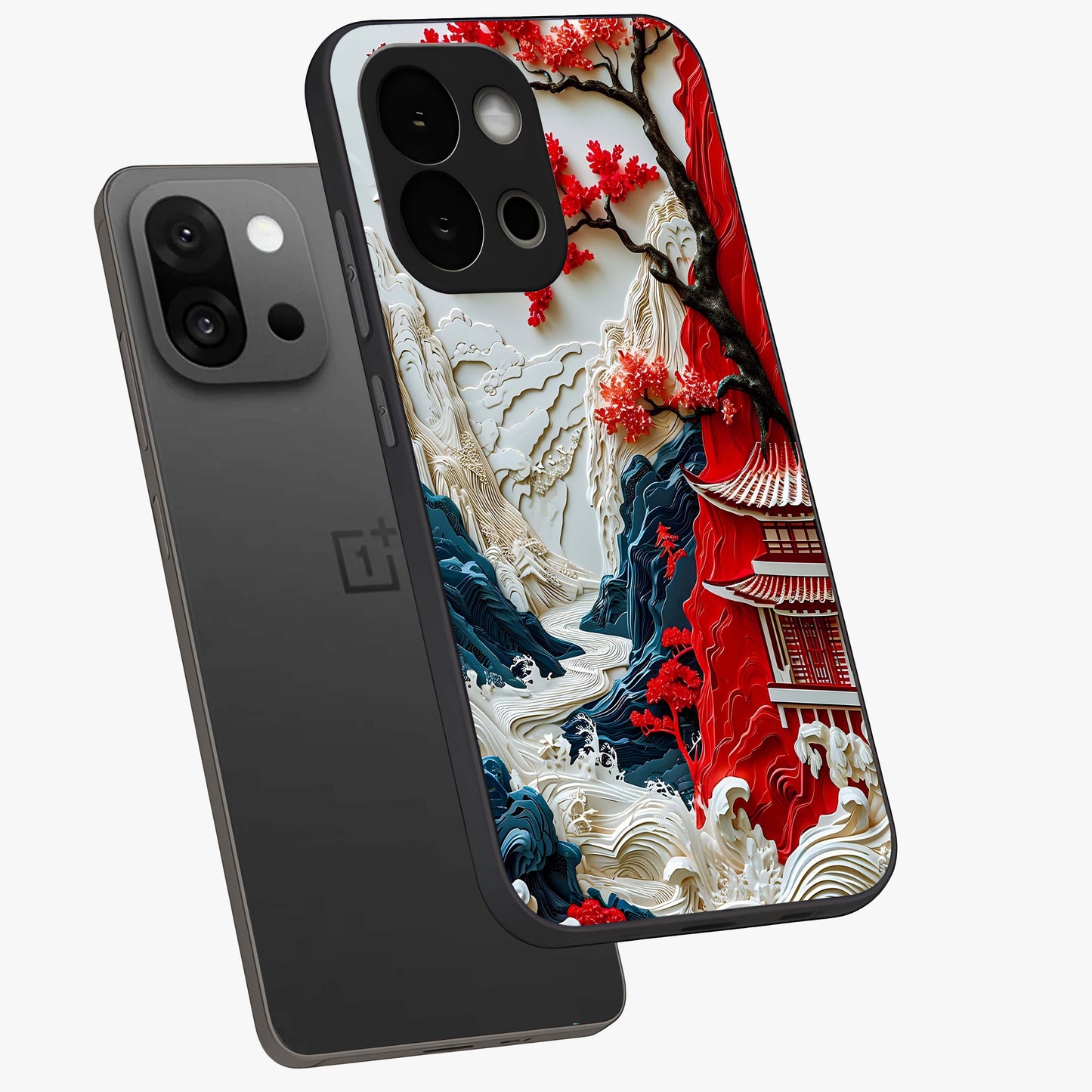 Whispers of Sakura Waves Glass Case for 1+13S angled mockup showcasing glossy finish and soft pink gradients