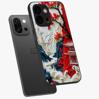 Whispers of Sakura Waves Glass Case for 1+13S angled mockup showcasing glossy finish and soft pink gradients