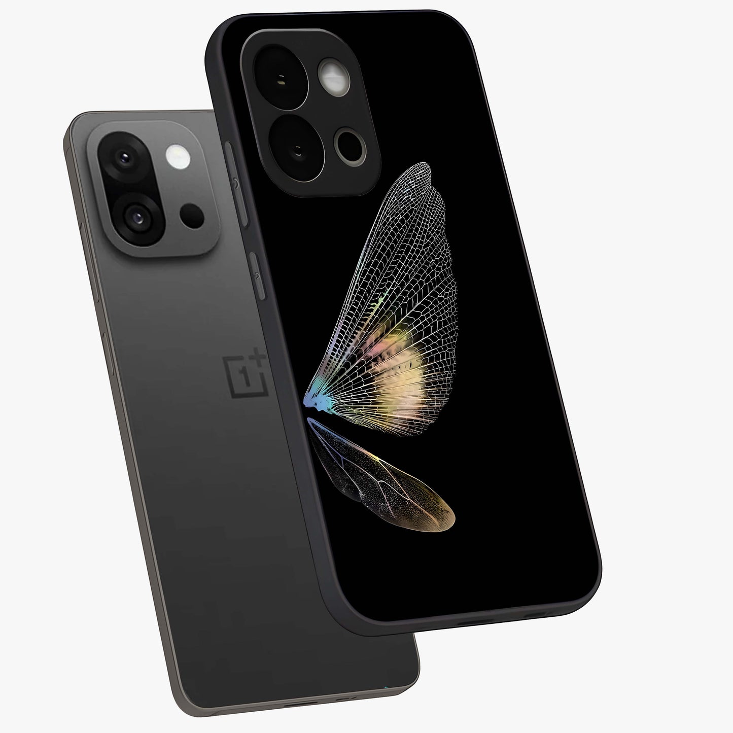 Whispers of Wings Glass Case for 1+13S angled mockup showcasing glossy finish and soft gradient detailing