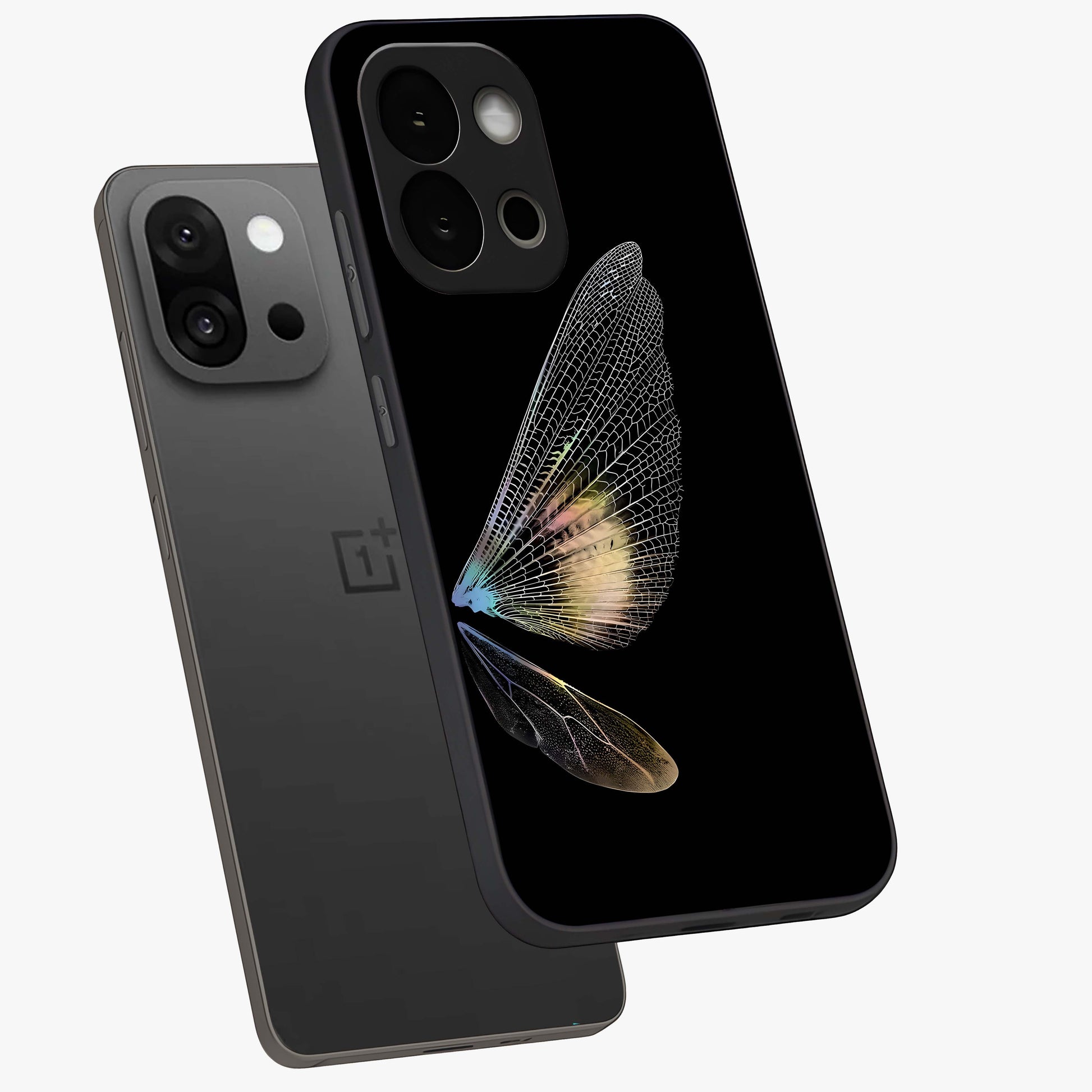 Whispers of Wings Glass Case for 1+13S angled mockup showcasing glossy finish and soft gradient detailing