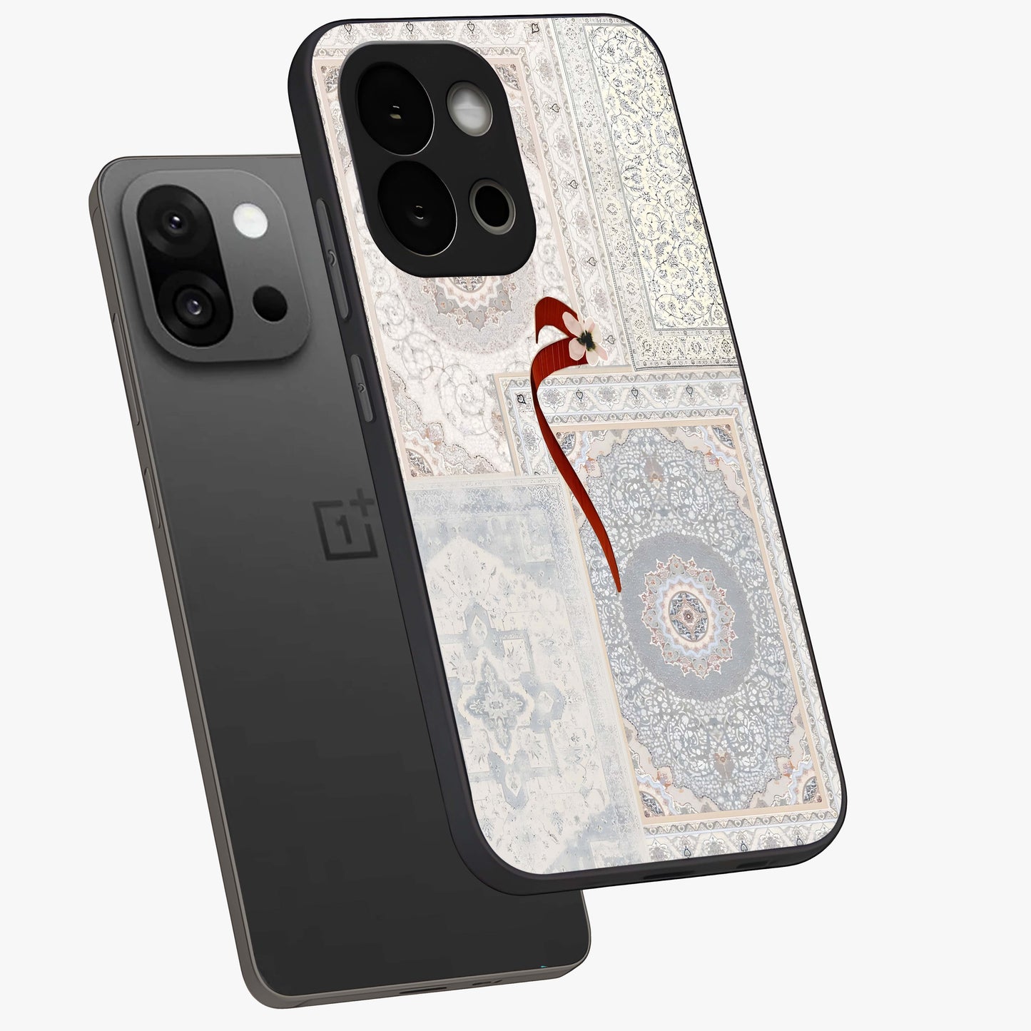 White Aesthetic Bow Glass Case for 1+13S angled mockup showcasing glossy finish and elegant pastel detailing