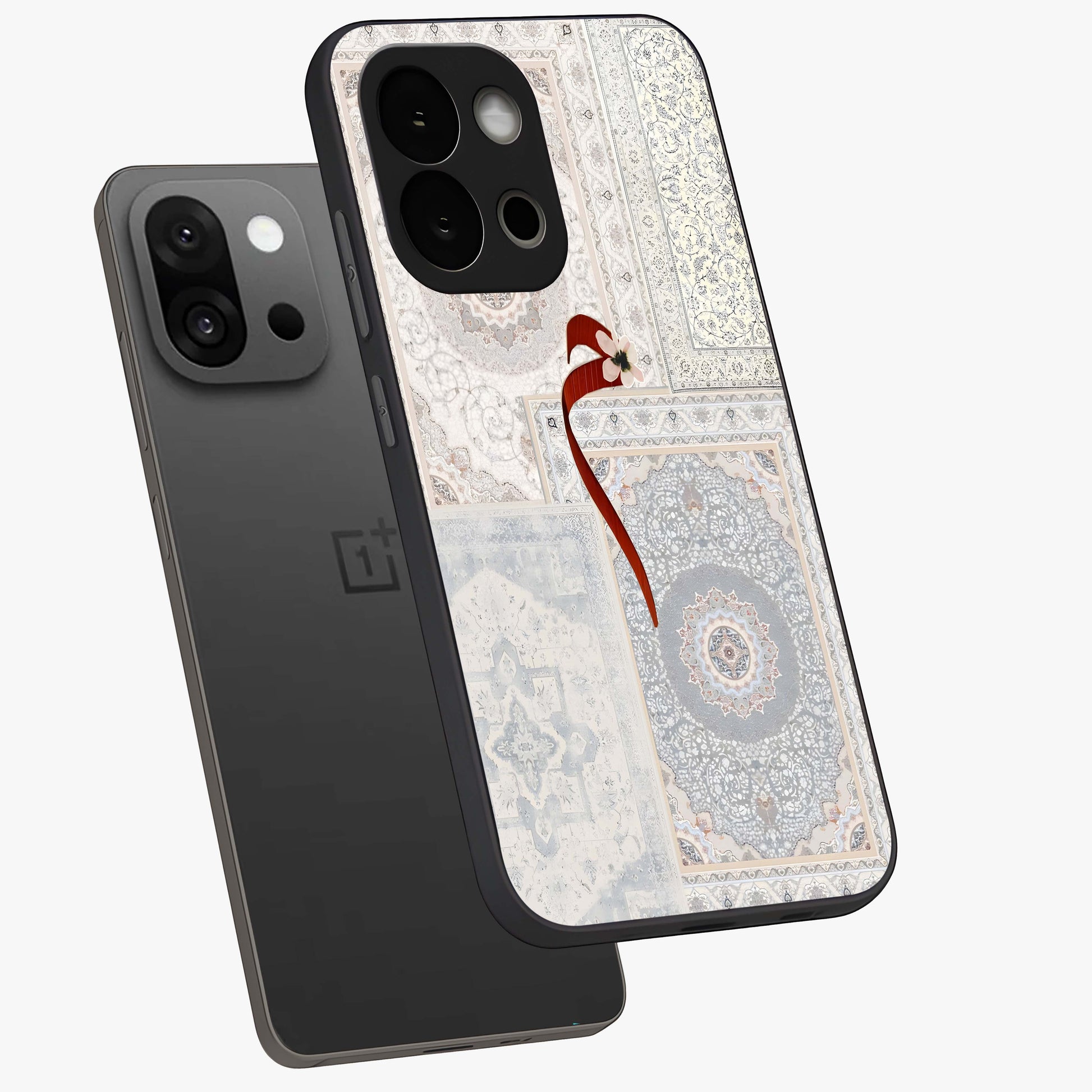 White Aesthetic Bow Glass Case for 1+13S angled mockup showcasing glossy finish and elegant pastel detailing