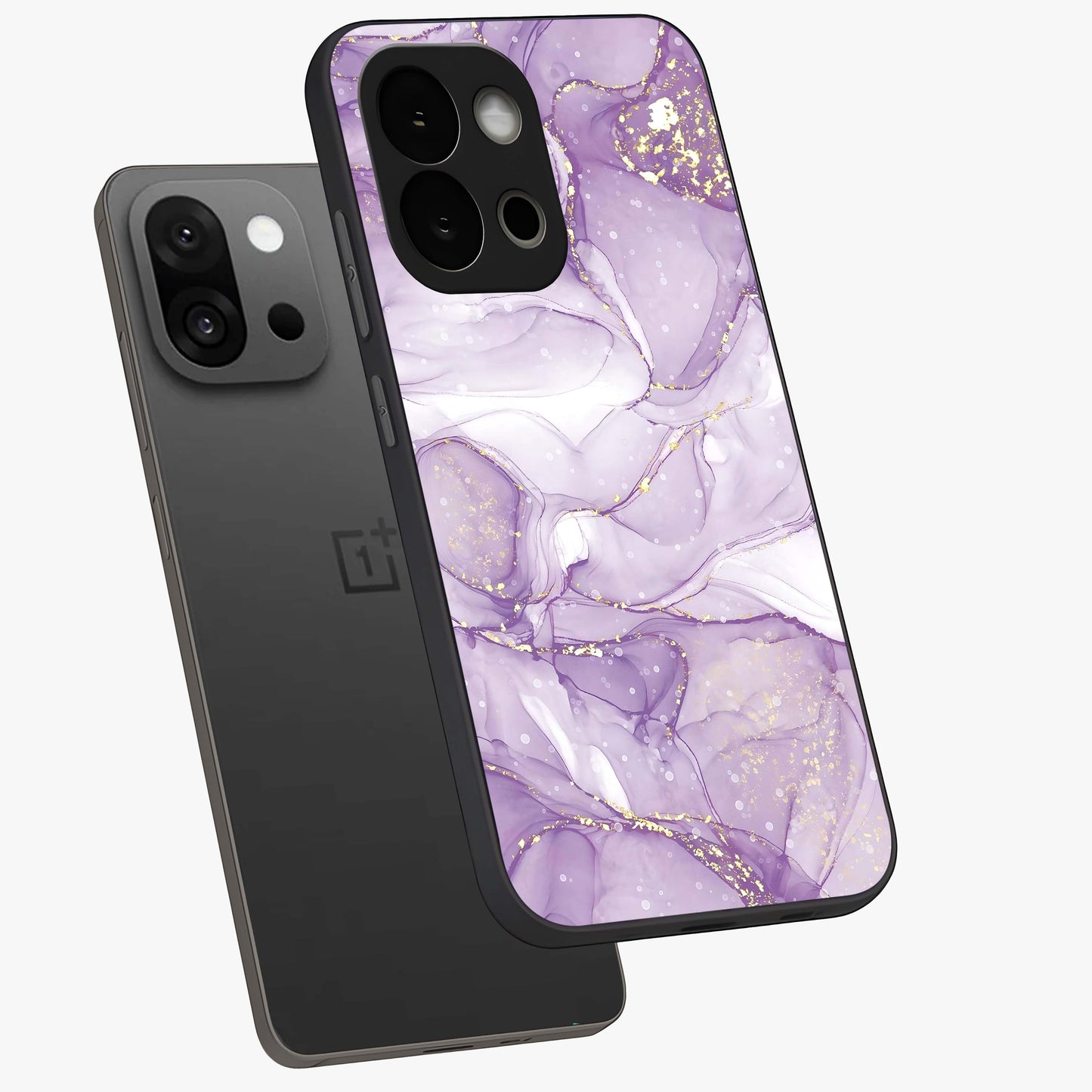 White and Purple Marble Glass Case for 1+13S angled mockup showcasing glossy finish and refined stone detailing