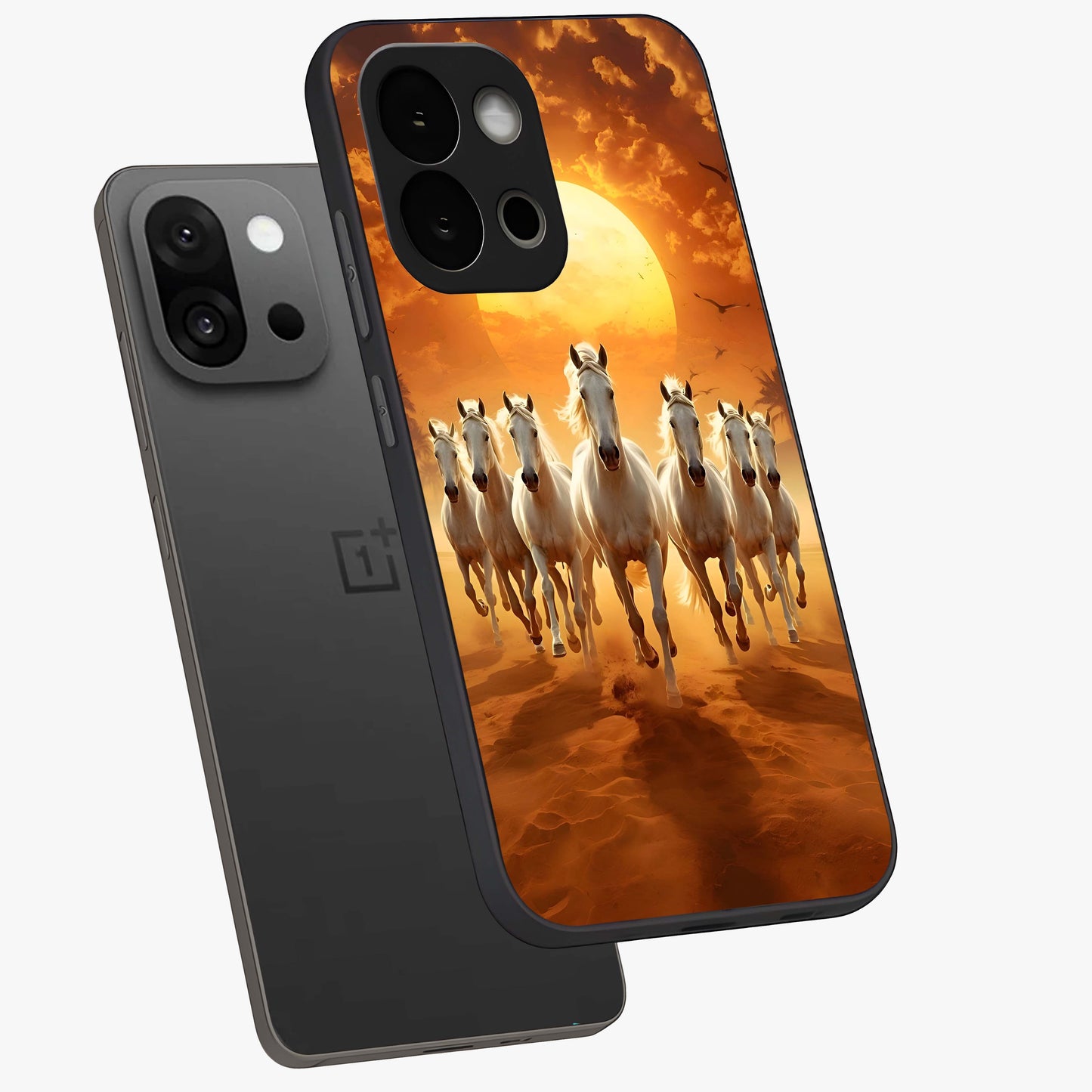 Wild Sunset Majesty Glass Case for 1+13S angled mockup showcasing glossy finish and warm fiery gradients