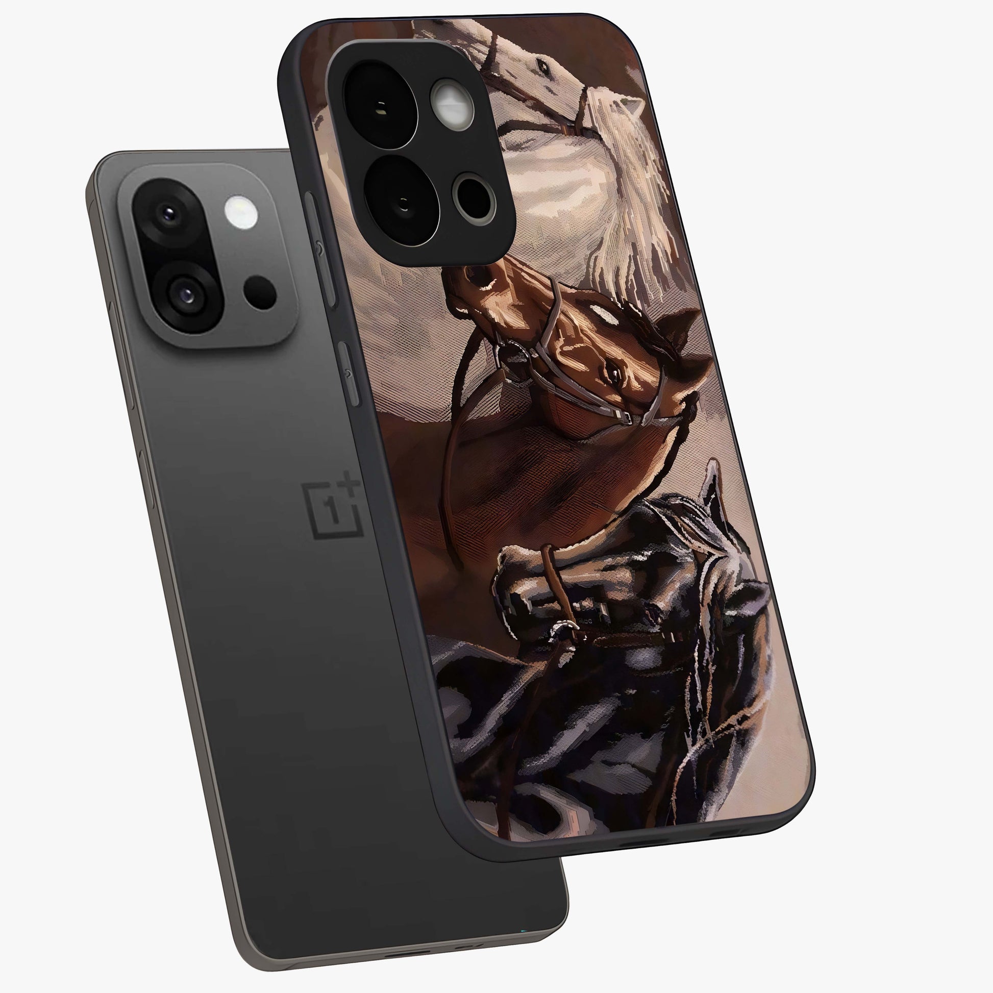 Wild Trio Gallop Glass Case for 1+13S angled mockup showcasing glossy glass finish and bold equestrian detailing