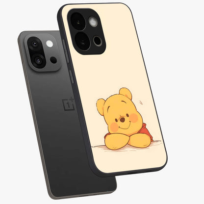Winniethe Pooh Glass Case for 1+13S angled mockup showcasing glossy finish and soft playful tones