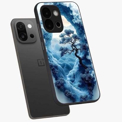 Winter Gate View Glass Case for 1+13S angled mockup showcasing glossy finish and cool winter gradients