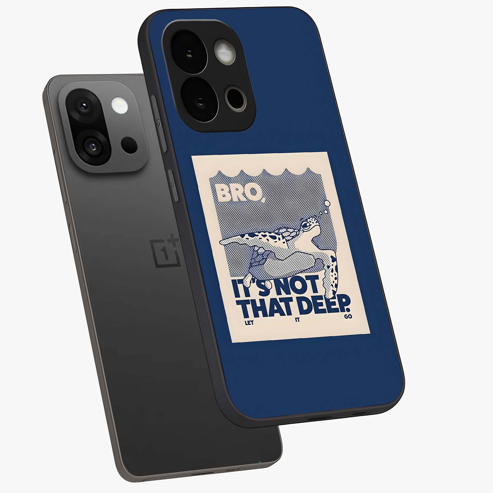 Worry Less Swim Glass Case for 1+13S angled mockup showcasing glossy finish and fresh ocean tones