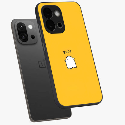 Yellow Boo Ghost Glass Case for 1+13S angled mockup showcasing glossy finish and fun animated detailing