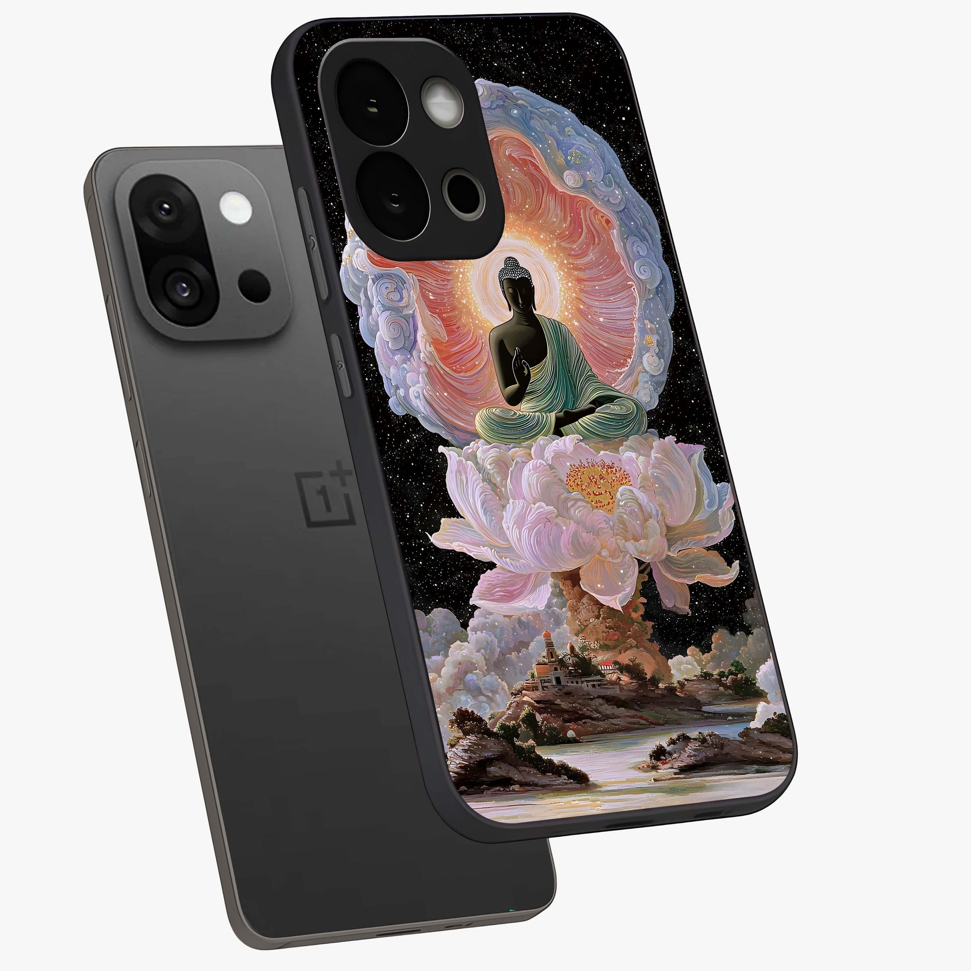 Zen Lotus Realm Glass Case for 1+13S angled mockup showcasing glossy finish and serene gradient detailing