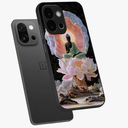 Zen Lotus Realm Glass Case for 1+13S angled mockup showcasing glossy finish and serene gradient detailing