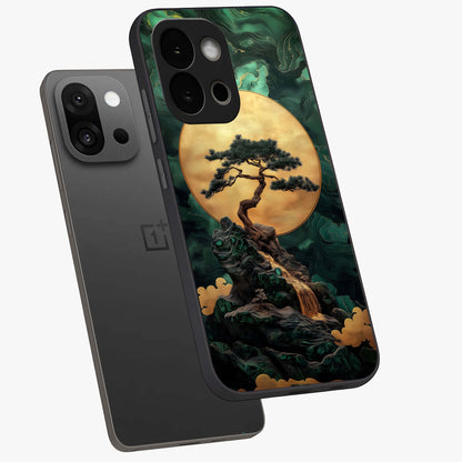 Zen Moon Rise Glass Case for 1+13S angled mockup showcasing glossy finish and soft night sky tones