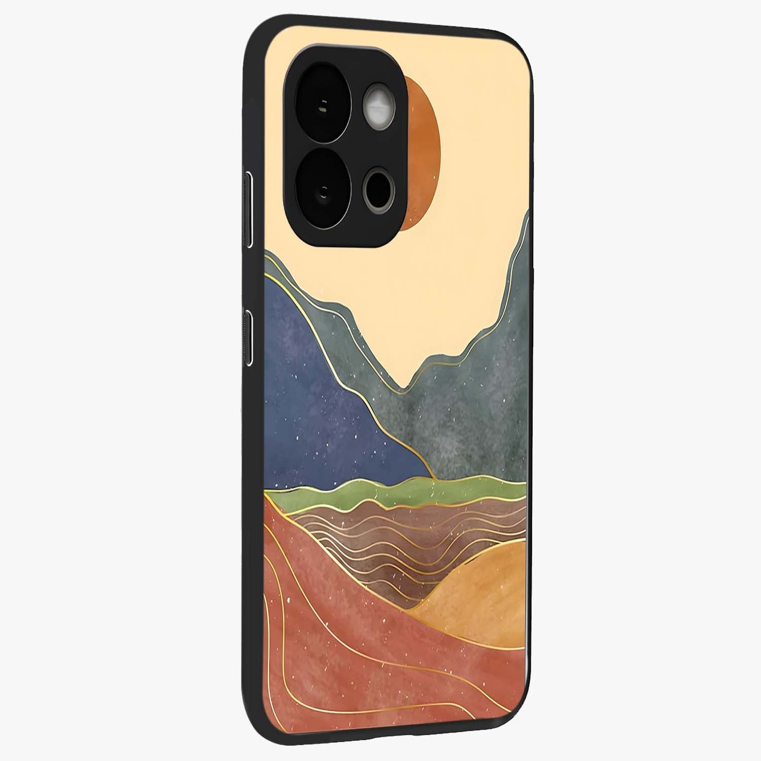 Abstract Mountain Glow Glass Case for 1+13S side perspective highlighting luminous mountain design details