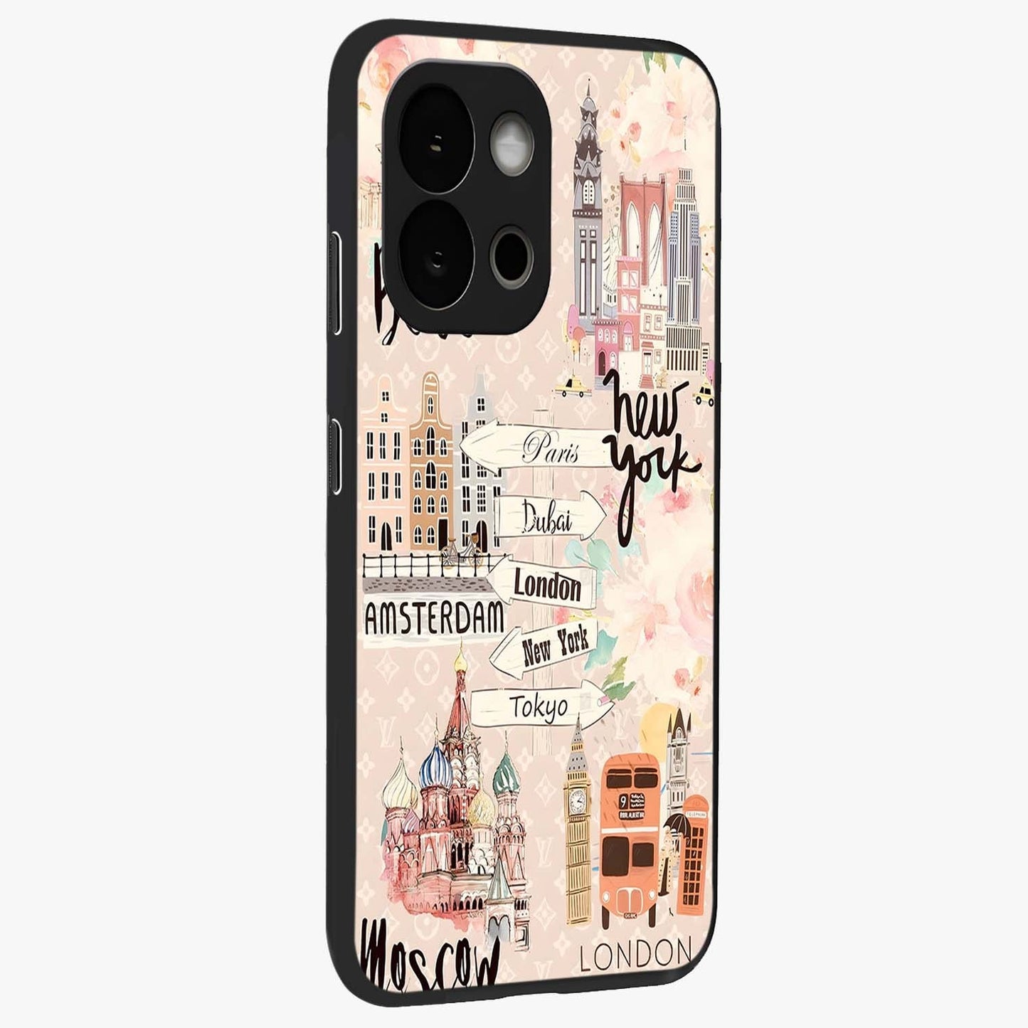Aesthetic Travel Glass Case for 1+13S side perspective highlighting bold travel graphic details