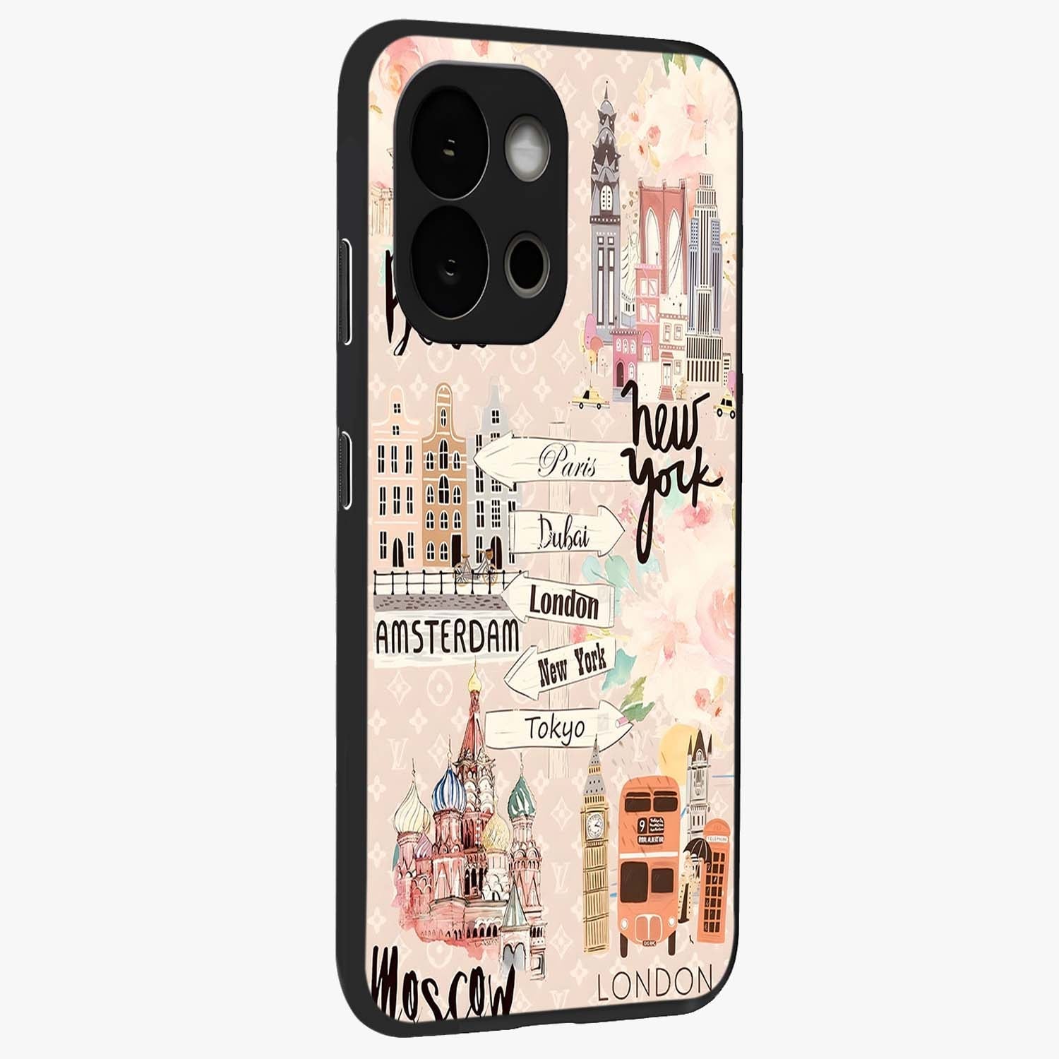 Aesthetic Travel Glass Case for 1+13S side perspective highlighting bold travel graphic details
