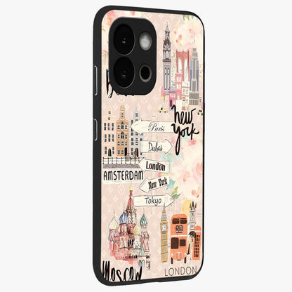 Aesthetic Travel Glass Case for 1+13S side perspective highlighting bold travel graphic details
