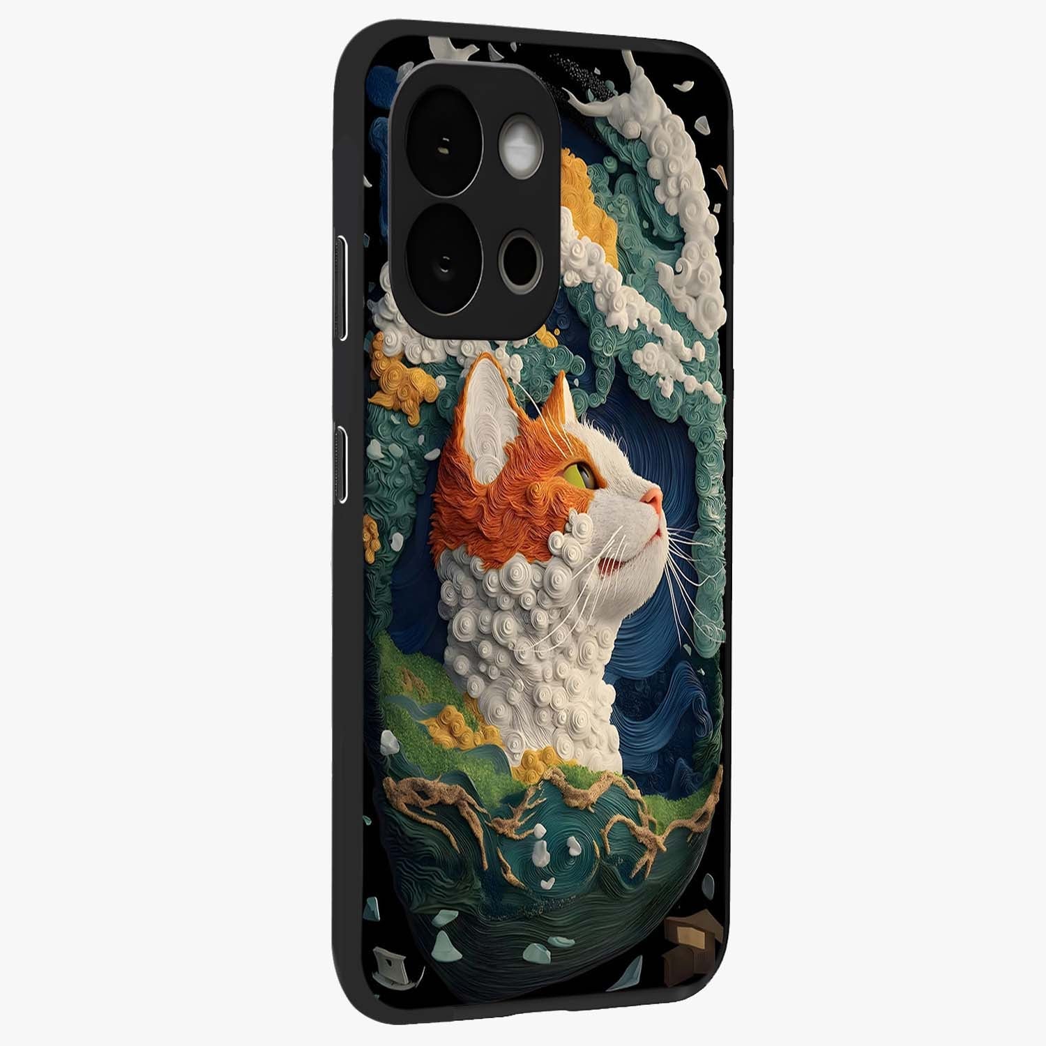 Aurora Cat Dreams Glass Case for 1+13S side perspective highlighting detailed feline illustration and smooth edges
