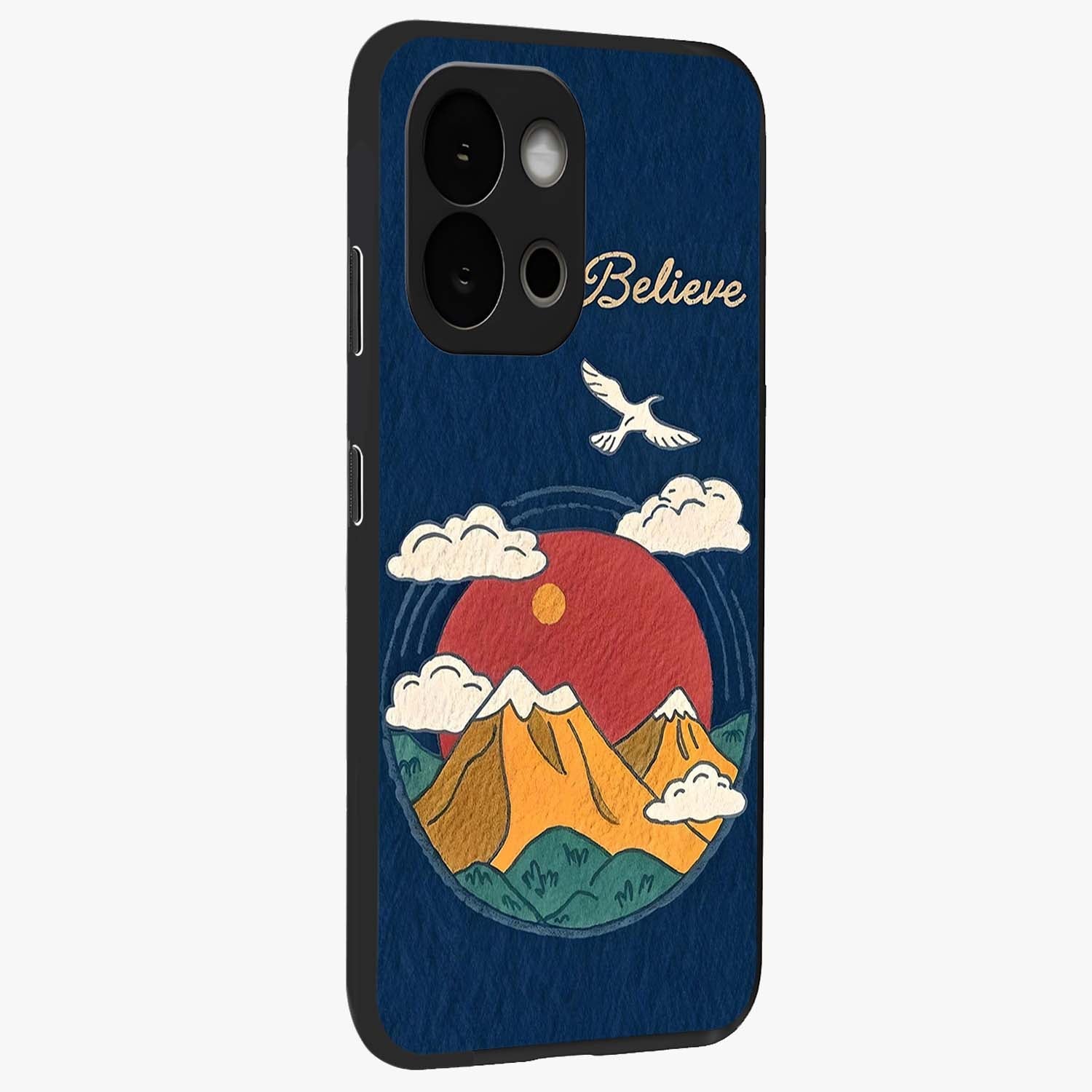 Believe Sky Escape Glass Case for 1+13S side perspective highlighting motivational typography and smooth edges
