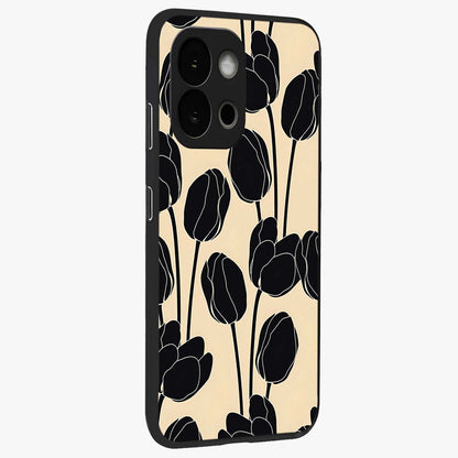 Black Designer Tulip Glass Case for 1+13S side perspective highlighting bold contrast and stylish tulip illustration