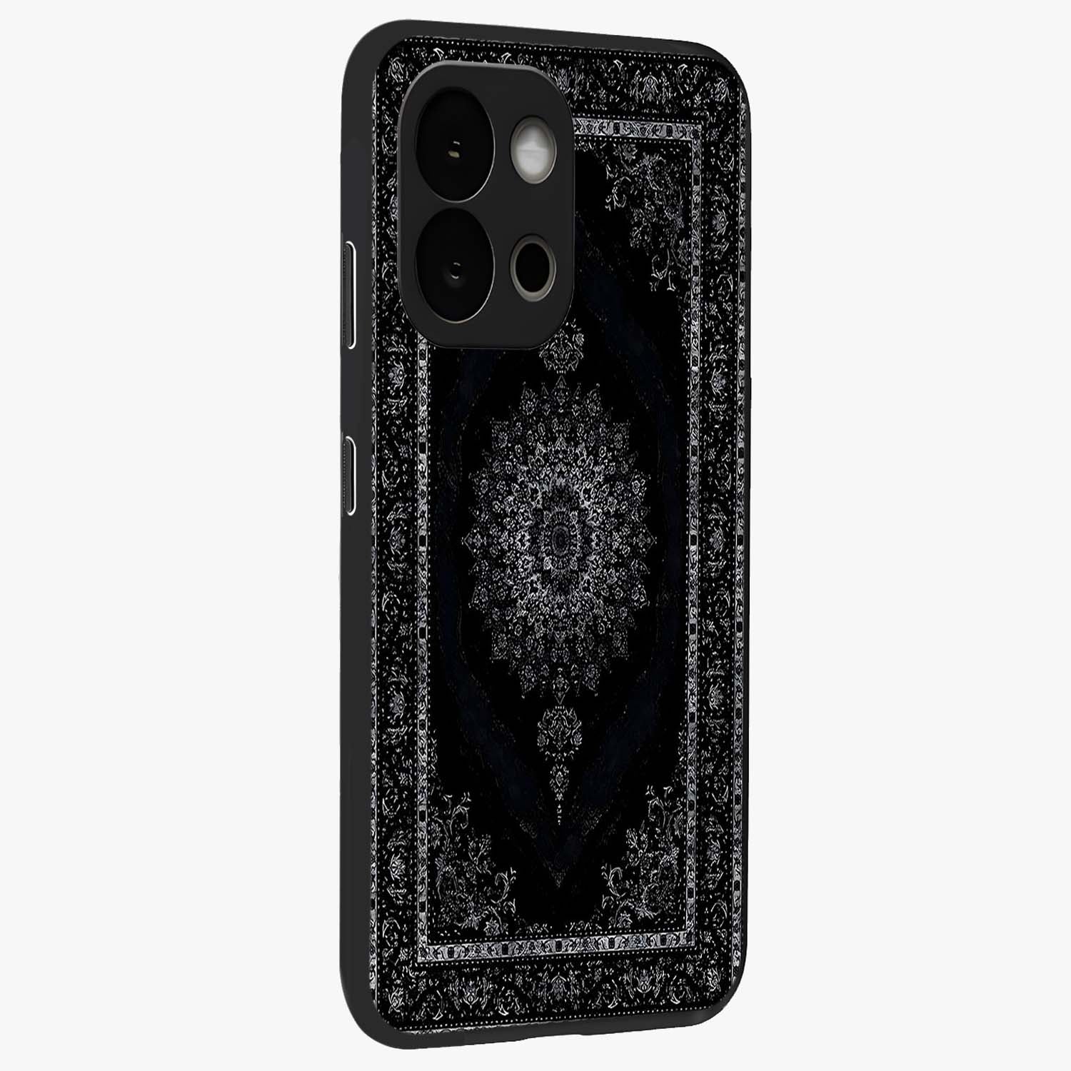 Black Persian Carpet Glass Case for 1+13S side perspective highlighting classic pattern textures and premium build