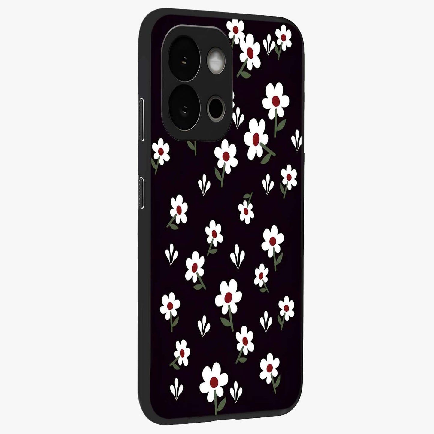 Black Prints Daisy Flower Pattern Glass Case for 1+13S side perspective highlighting delicate daisy details and smooth edges