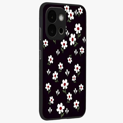 Black Prints Daisy Flower Pattern Glass Case for 1+13S side perspective highlighting delicate daisy details and smooth edges