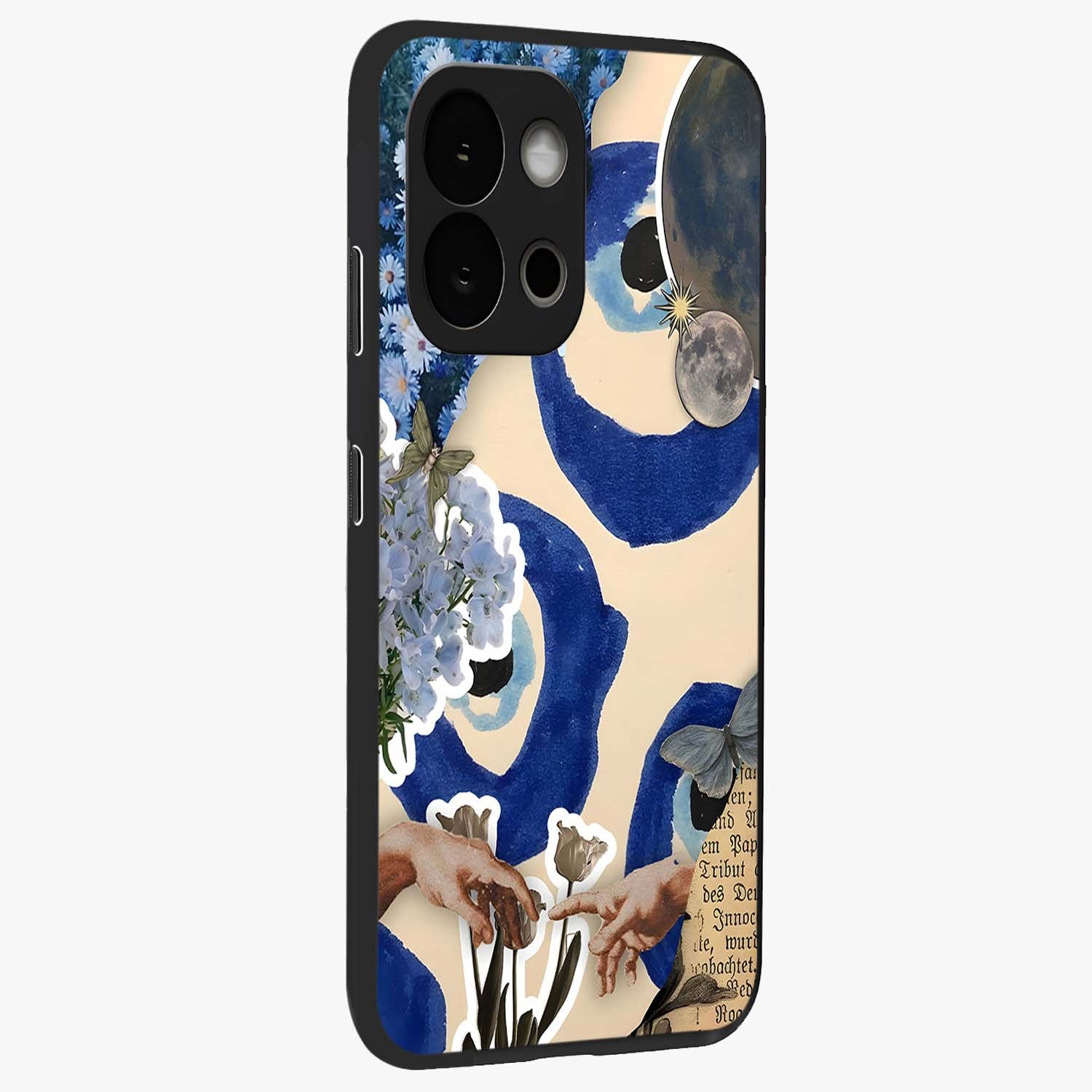 Blue Evil Divine Glass Case for 1+13S side perspective highlighting protective charm detailing and smooth premium edges
