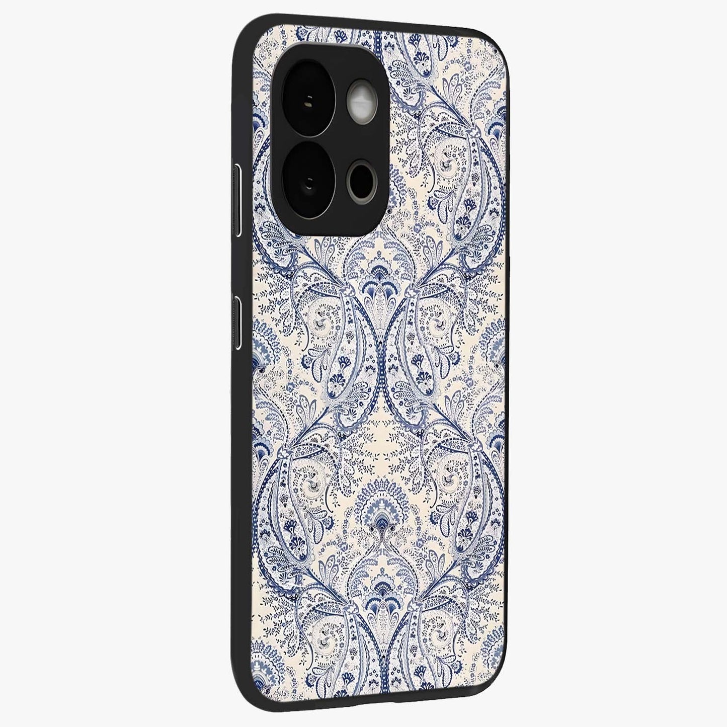 Blue Paisley Bloom Glass Case for 1+13S side perspective highlighting elegant paisley textures and premium build