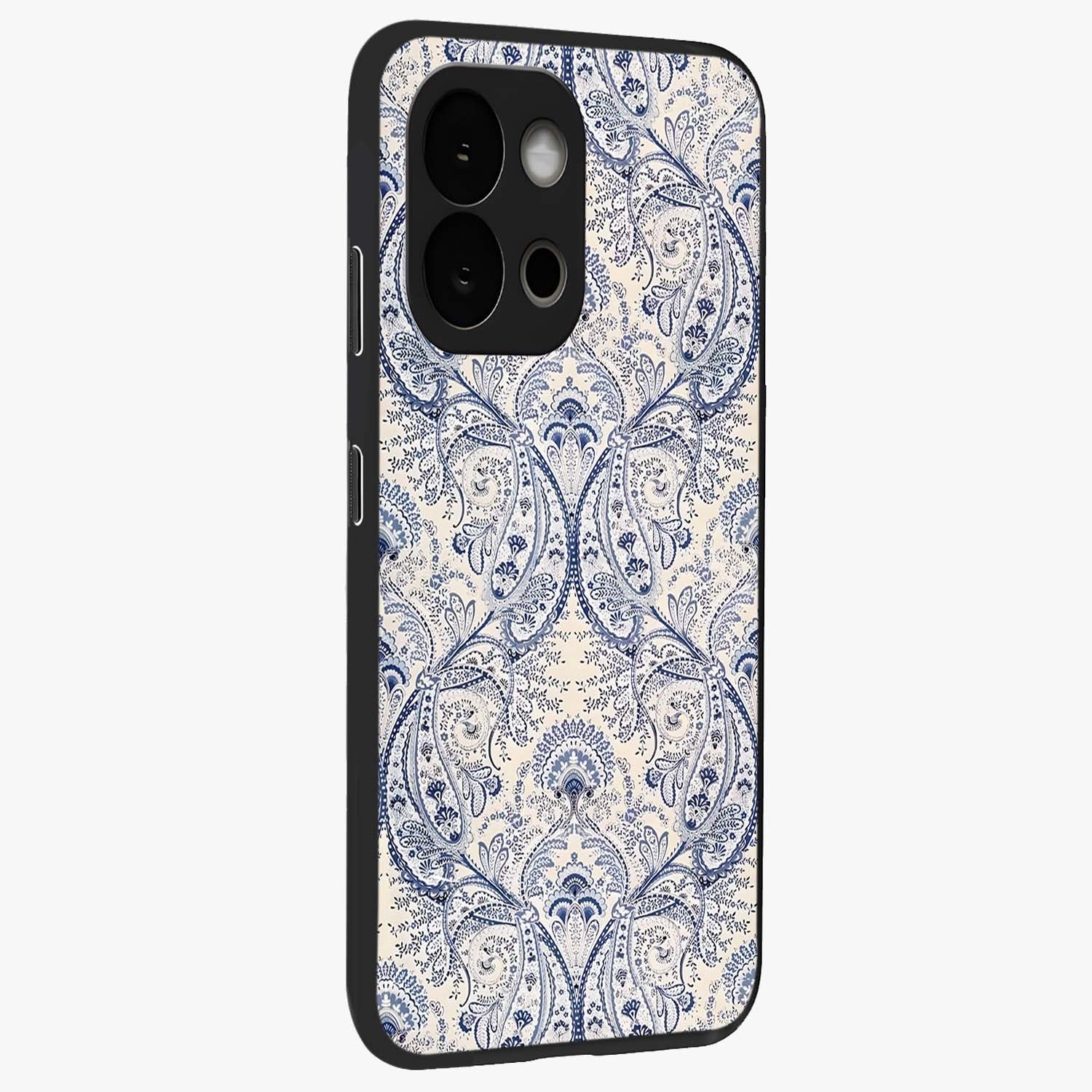 Blue Paisley Bloom Glass Case for 1+13S side perspective highlighting elegant paisley textures and premium build