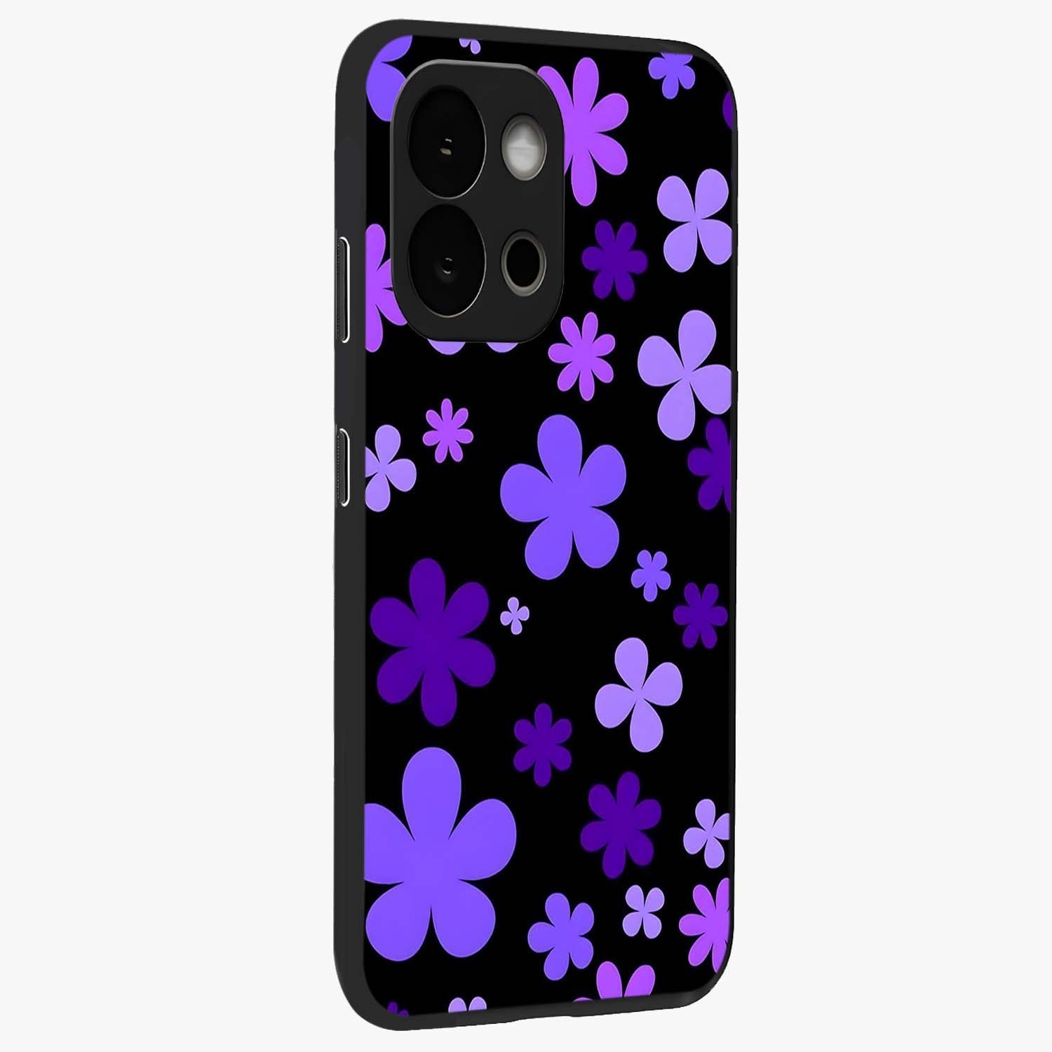 Blue Retro Pop Flowers Glass Case for 1+13S side perspective highlighting colorful vintage floral detailing