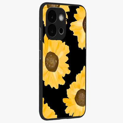 Bold Sunflowers Glow Glass Case for 1+13S side perspective highlighting rich yellow hues and premium edge finish
