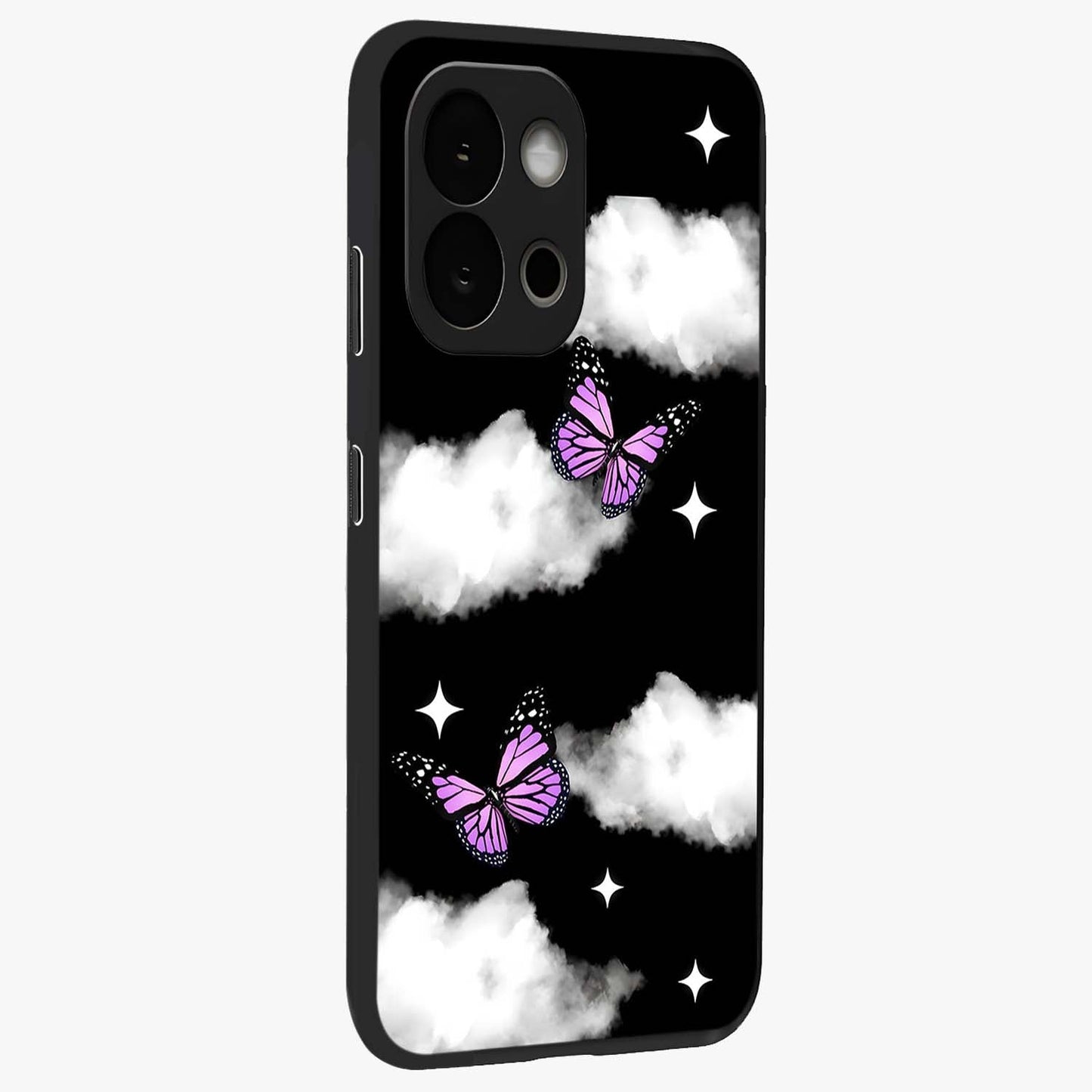 Butterfly Night Drift Glass Case for 1+13S side perspective highlighting glowing butterfly details and sleek edges